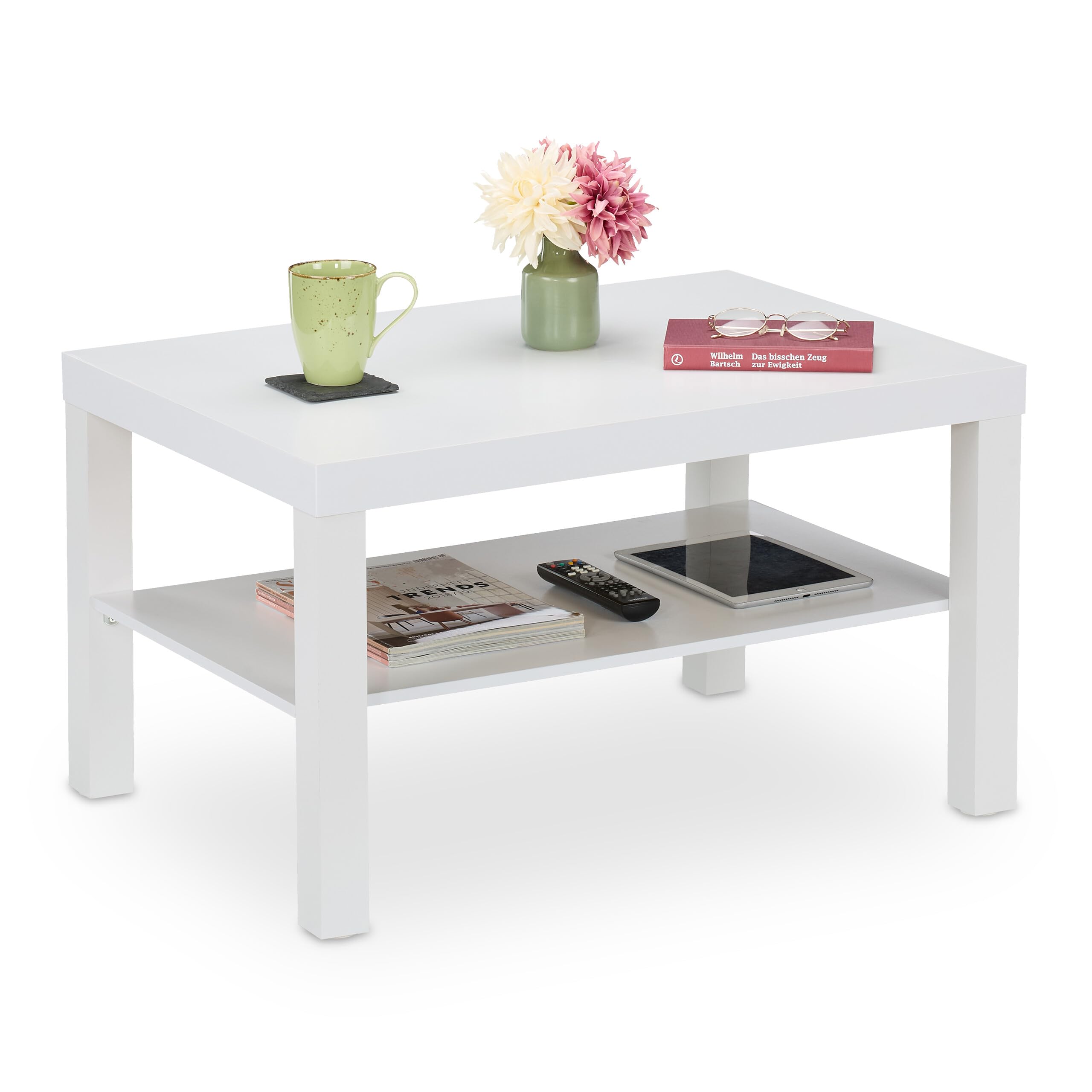 Relaxdays Tavolino da Salotto, Tavolo Basso da Divano Soggiorno, Mobile in MDF Sofà, HLP: 45x79x55 cm, 2 Ripiani, Bianco