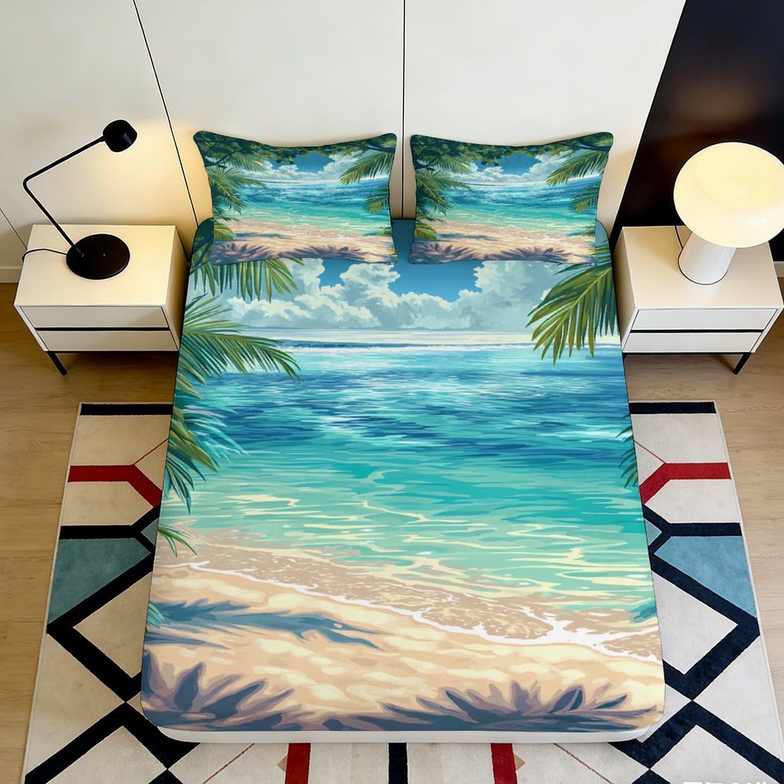 3D Printed Beach Scenery Fitted Sheet Microfiber Deep Pocket Elastic Hem Ocean Bedding Mattress Fitted Cover for Adult Washable 140x200x25cm