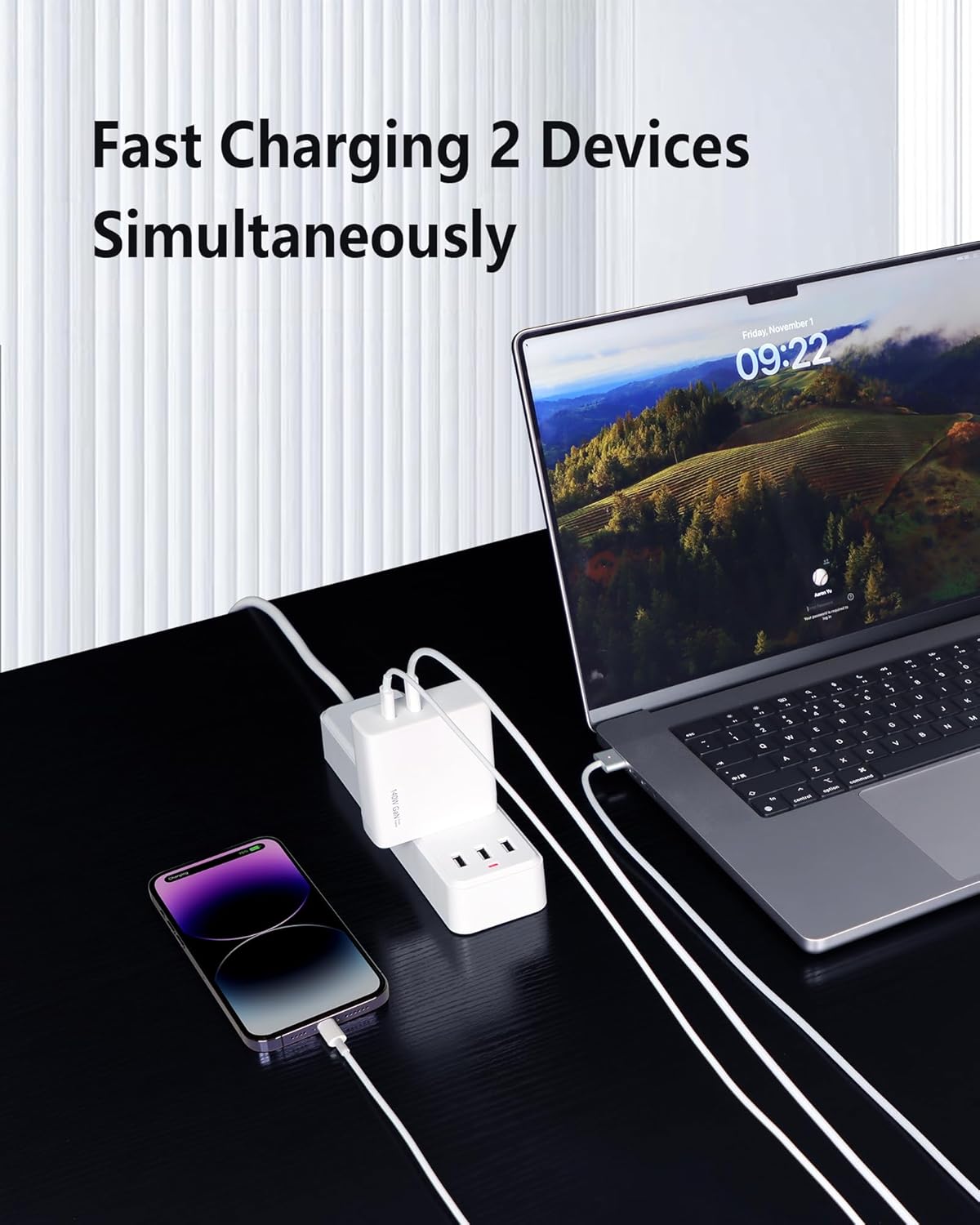 140W USB C Charger, DERLULU GaN Fast Charger, 2-Port USB-C Compact Foldable Charger for Laptops, MacBook Air/Pro, iPad, iPhone 17/16/15 Pro, Galaxy S24/S23, AirPods, and More