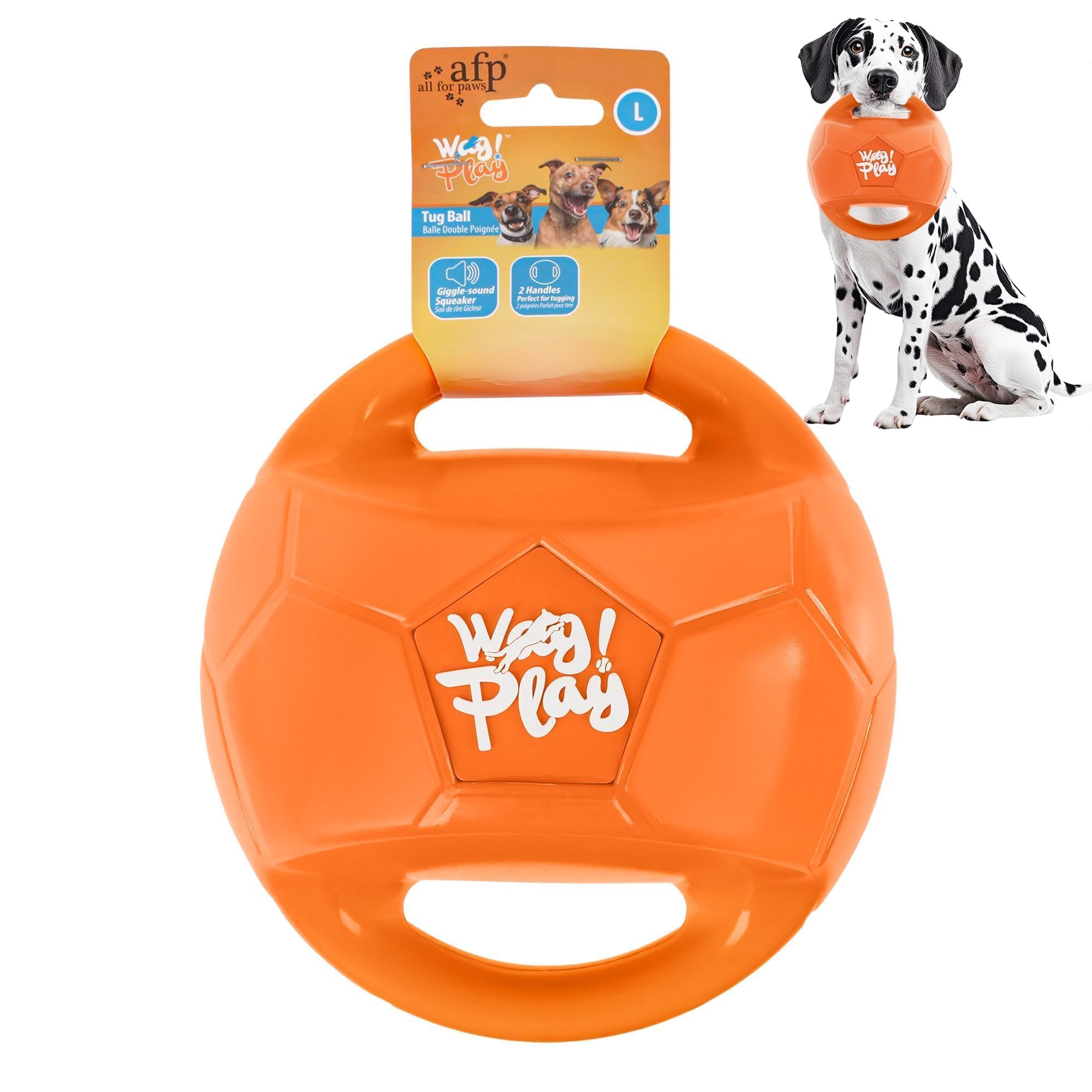 ALL FOR PAWS Hundeballspielzeug für mittelgroße & große Hunde, Hundebälle zum Tauziehen & Apportieren, Apportierspielzeug mit Griffen und Kicher-Quietscher, Orange