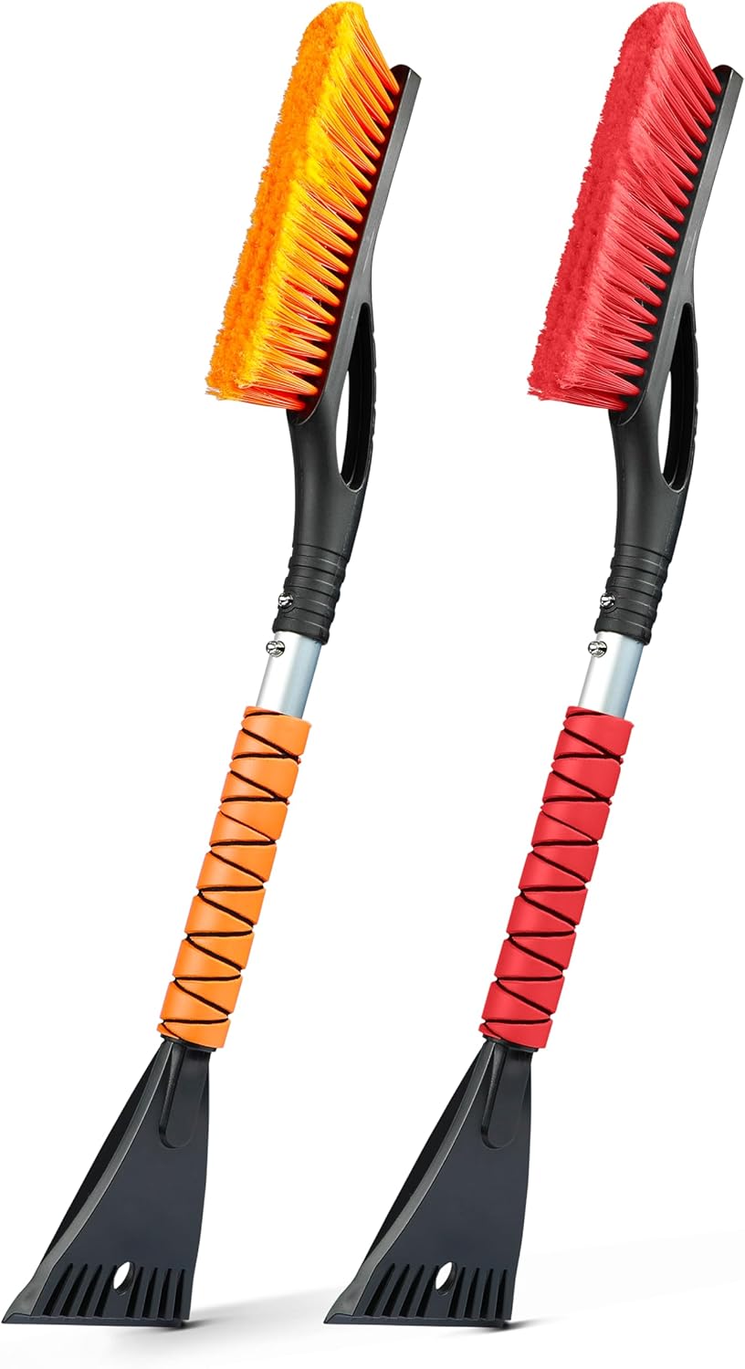 EcoNour 27" Car Snow Brush and Ice Scraper (2 Pack) | Aluminum Snow Scraper for Cars with Ergonomic Foam Grip | Scratch-Free Windshield Ice Scraper and Snow Remover for Cars and SUVs Orange & Red 27"