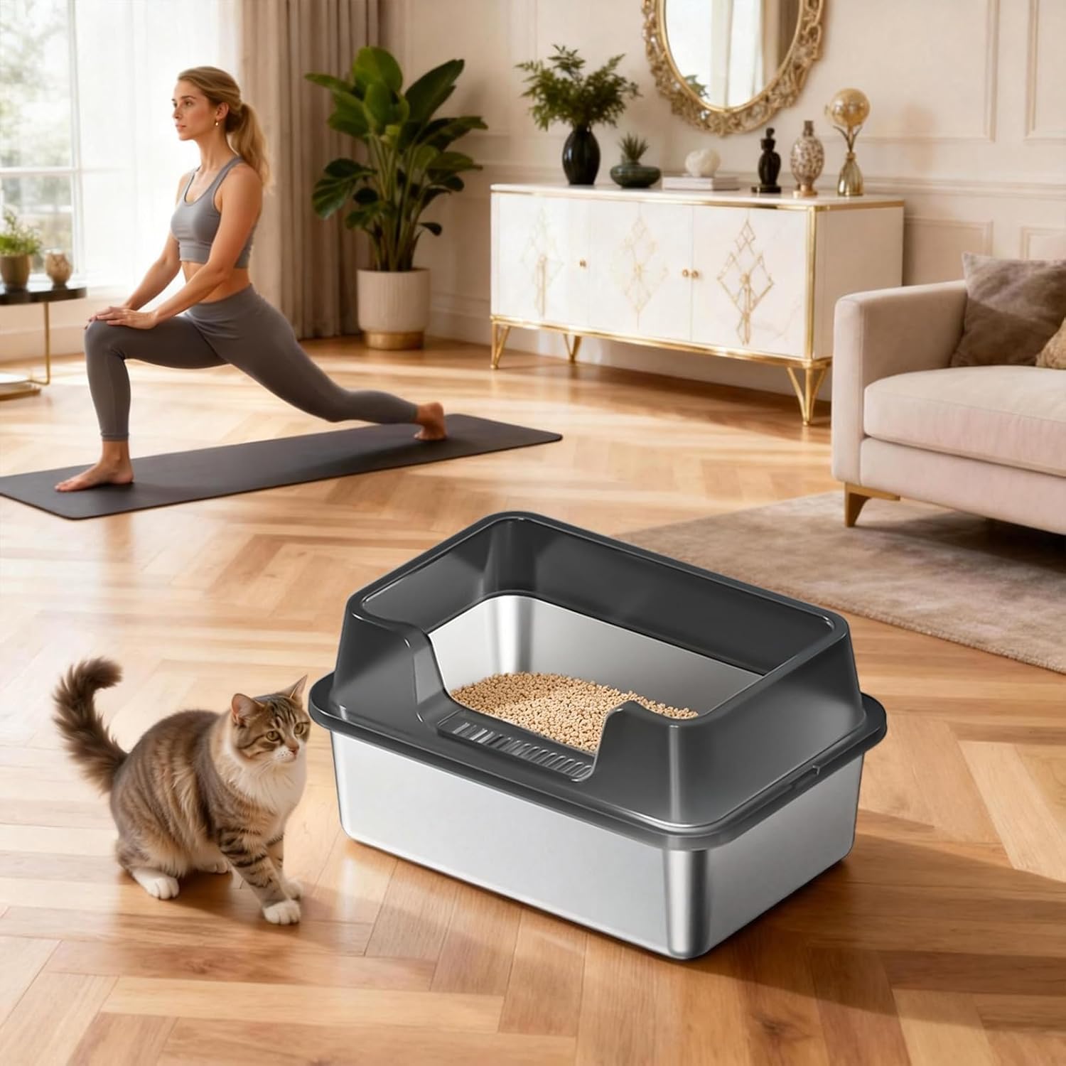 Garvee Stainless Steel Litter Box, XL Enclosed Cat Litter Boxes with Lid for Big Cats and Multi-Cats, High Sided, Anti-Urine Leakage Non-Stick Bottom Include Scoop Easy to Clean