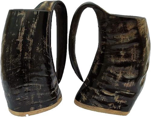 Juego de 2 tazas de cuerno vikingo, 100% auténtica jarra medieval de cuerno de cerveza con superficie de madera, taza de cuerno vikingos de 16