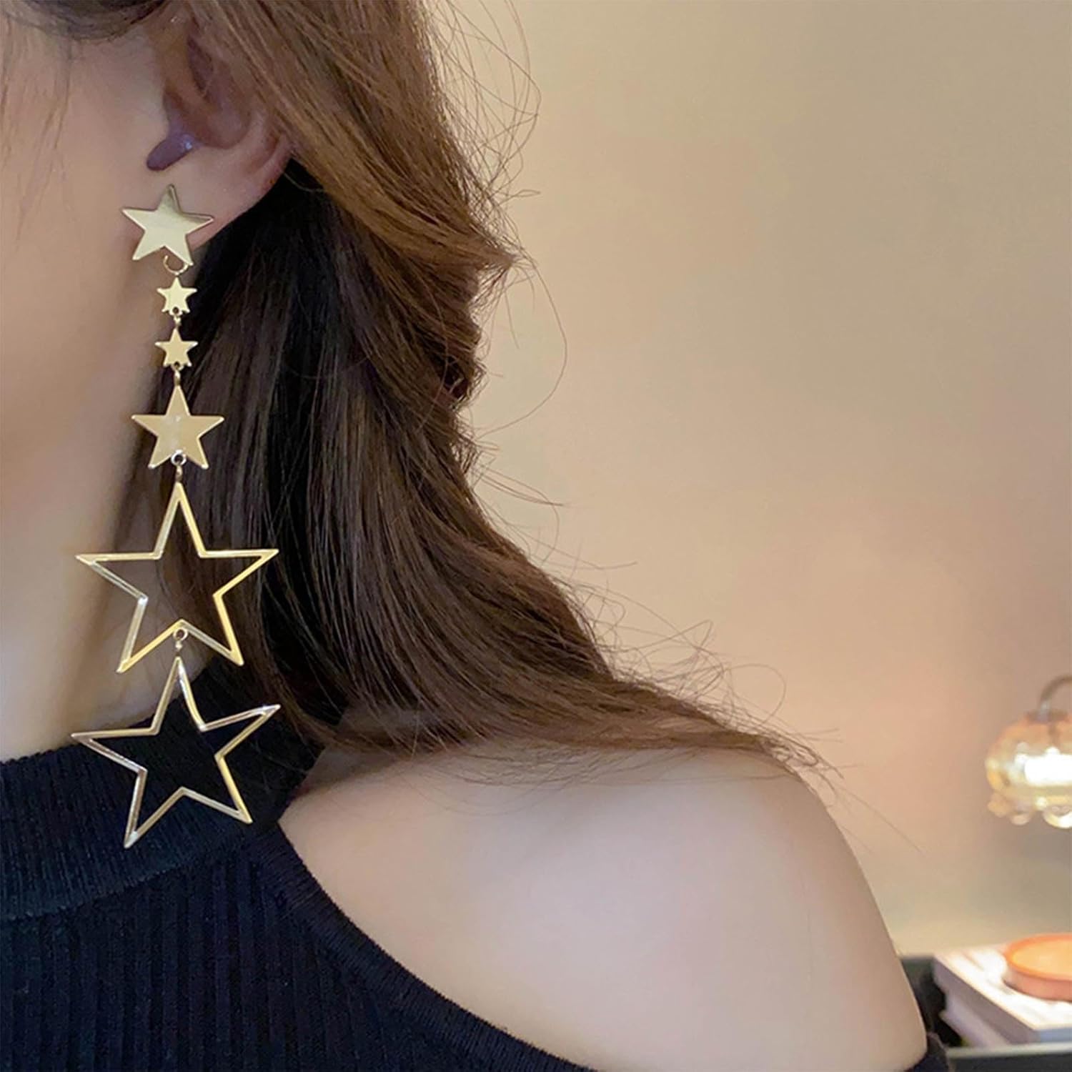 W WEILIRIAN Crystal Star Dangle Earrings Boho Long Star Earrings Hollow Star Drop Earrings Asymmetrical Star Earrings Jewelry for Women - Image 2