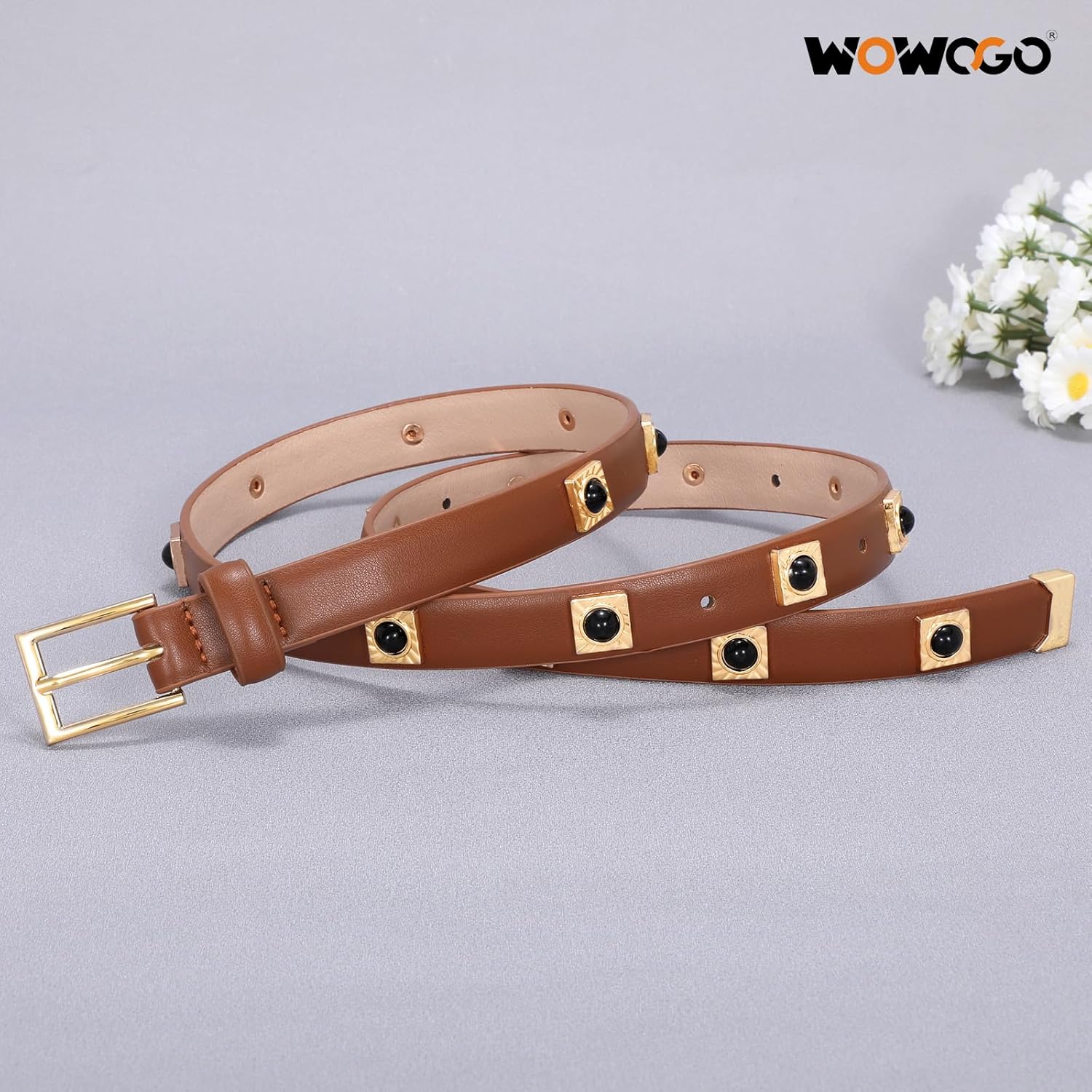 Studded Belt for Women Skinny Leather Belt Fashion Punk Thin Ladies Belt for Jeans Pants Dresses - Image 4