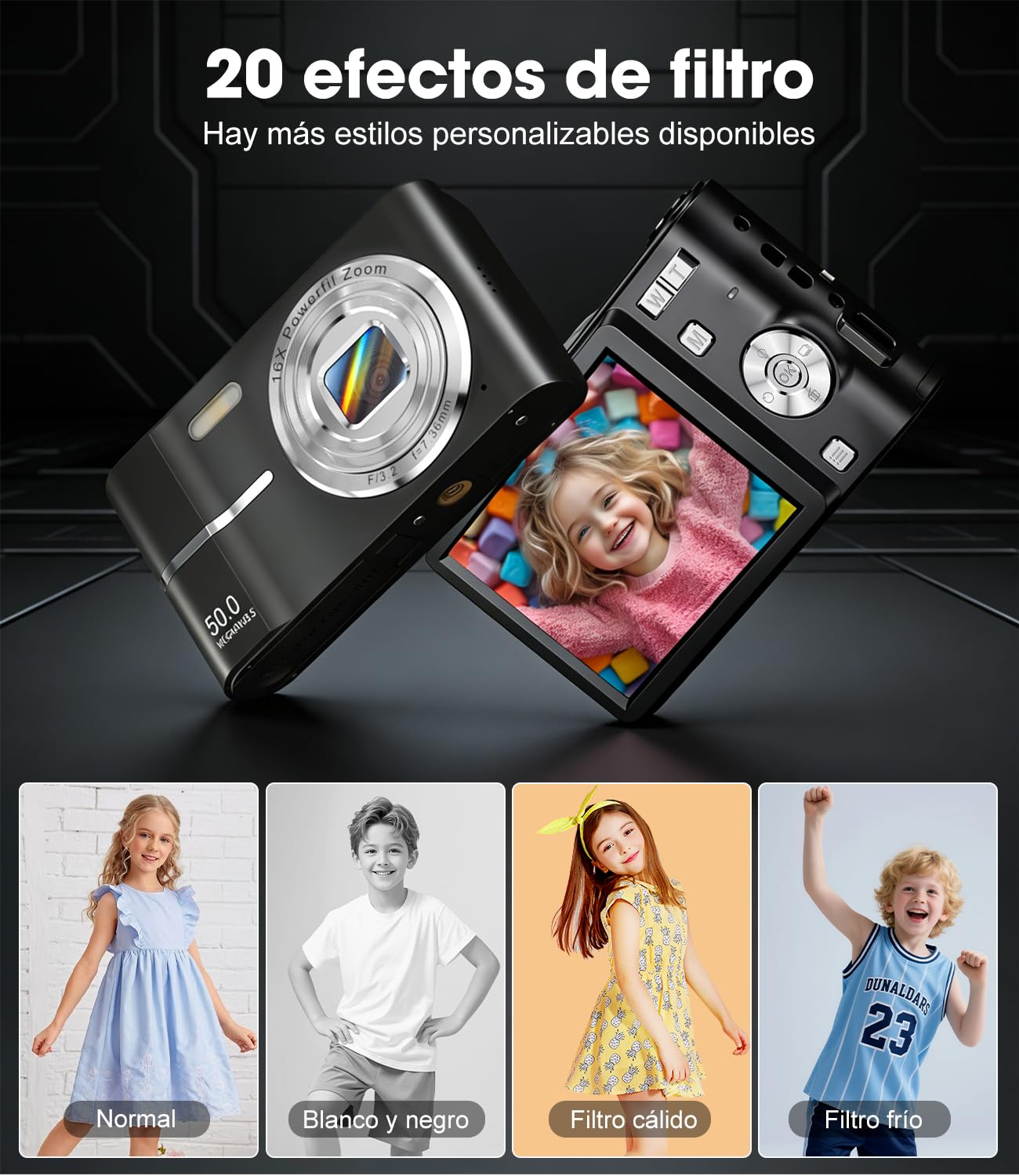Camara de Fotos Digital Compacta, 50MP 1080P Digitales Camaras con Pantalla de 2.4”, 16X Zoom Digital, Mini Video Cámara Flash Antivibración para Infantil, Principiantes y Adultos, 16G Negro
