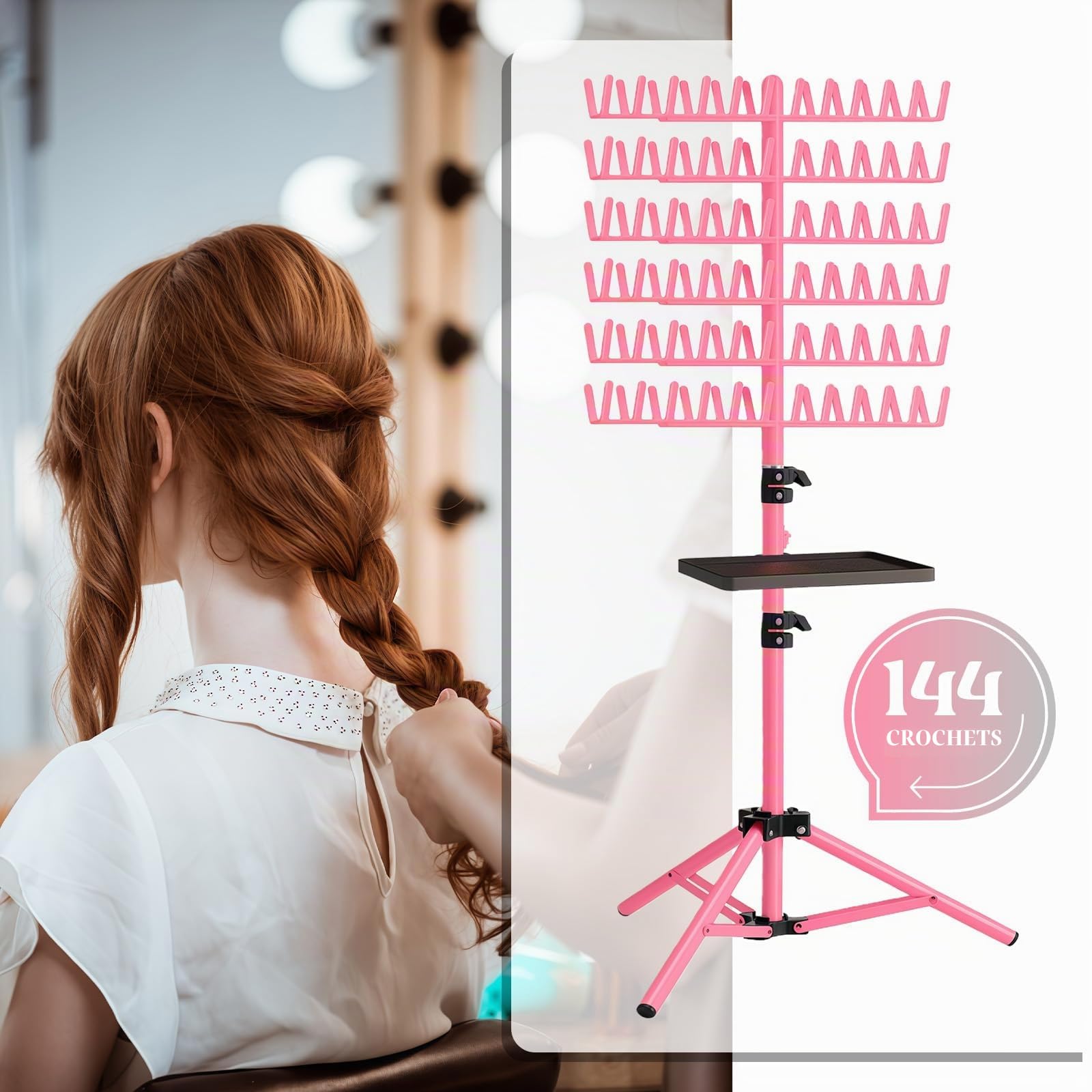Support pour extensions capillaires à 144 broches avec plateau, pinces à cheveux et peignes - Support pour extensions capillaires - Réglable en hauteur et pliable