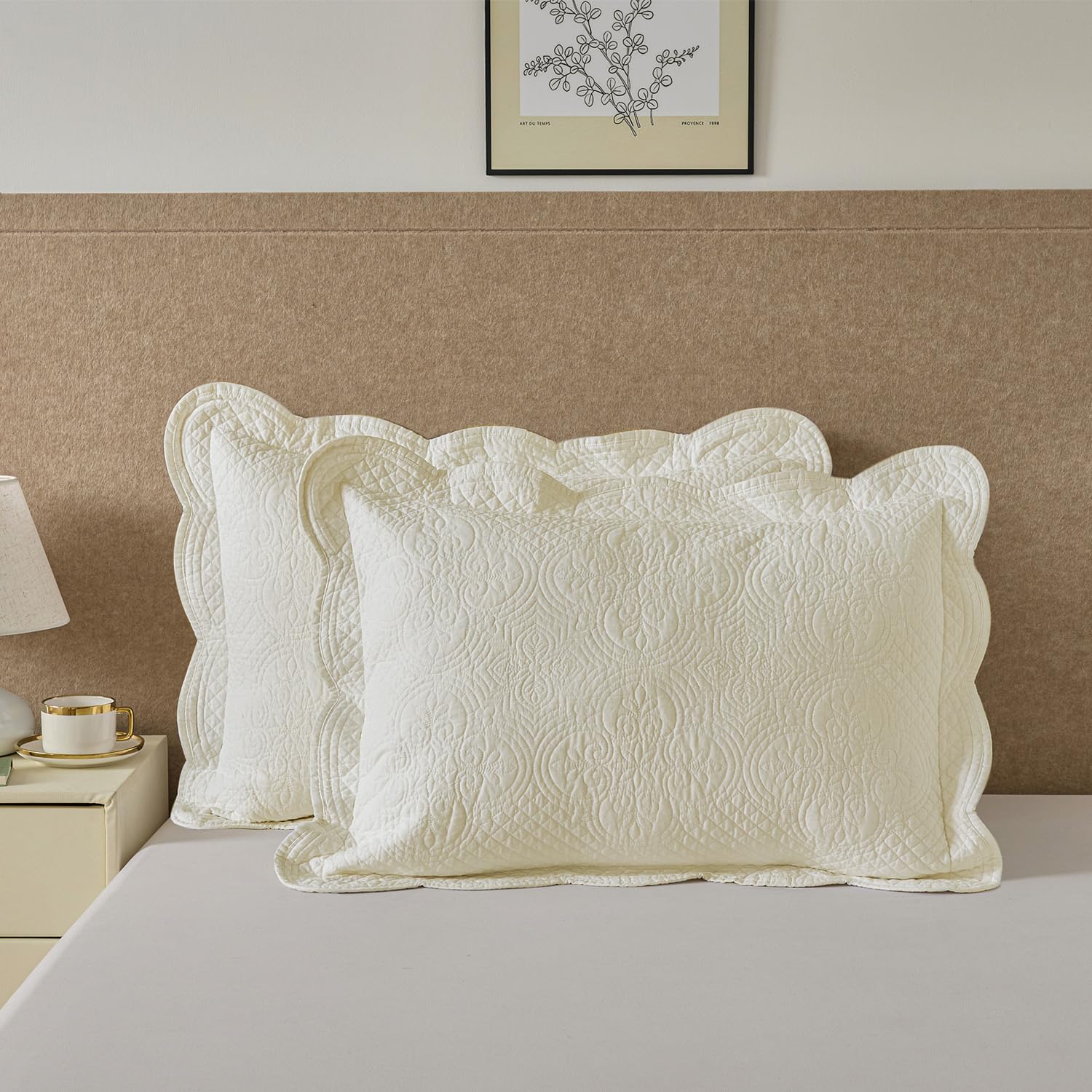 YINFUNG Quilted Pillow Shams Ivory Standard Cotton Damask Medallion Set of 2 Embroidered Floral Pillowcases Embossed Matelasse Victorian Vintage Textured Decorative Pillow Cover 20×26