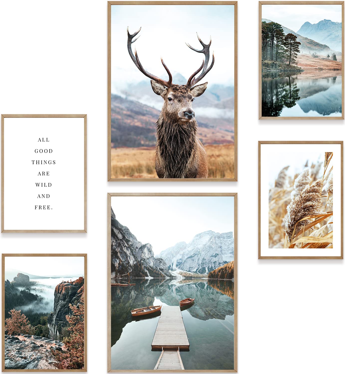 ZLYSYCM ® | Premium 8er Poster Set | Bilder Wohnzimmer Deko Schlafzimmer | Natur Berge See Wandern Hirsch (ohne Rahmen