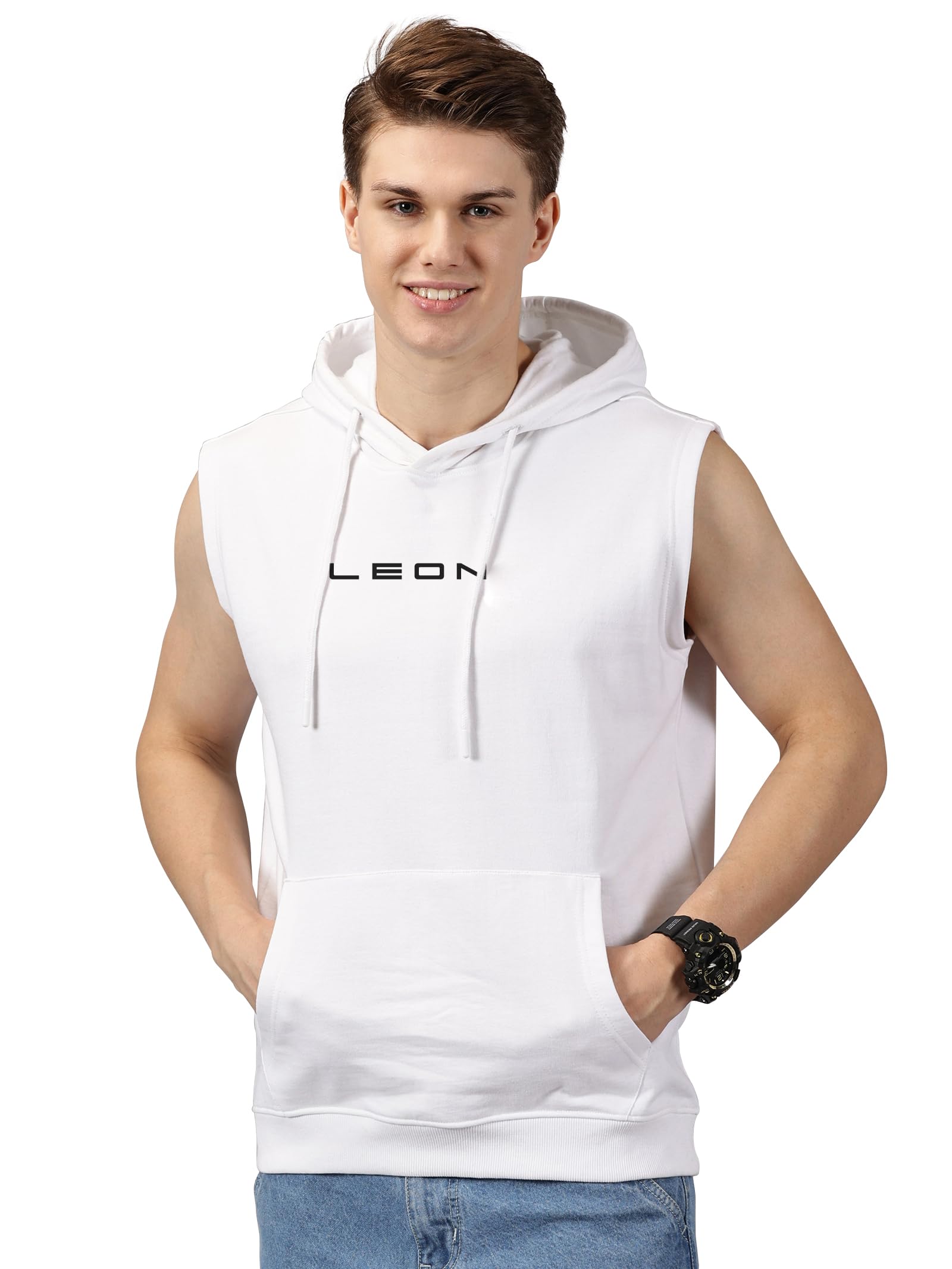 leon Men's Printed Sleeveless Hoodie | Poly Cotton Hooded Sweatshirt | Gym, Workout & Casual Wear | Regular Fit | Kangaroo Pocket-picture-18