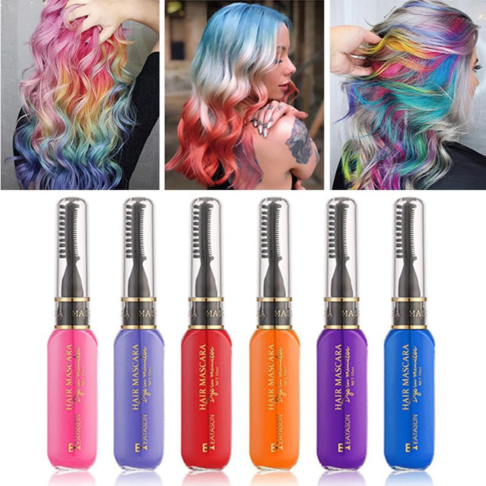 6PCS Instant Hair Colour Dye Temporary Hair Mascara, Haarkreidekamm Temporäre Haarfarbe für Mädchen, Washable Rainbow Hair Chalk for Birthday Cosplay DIY (A, M)