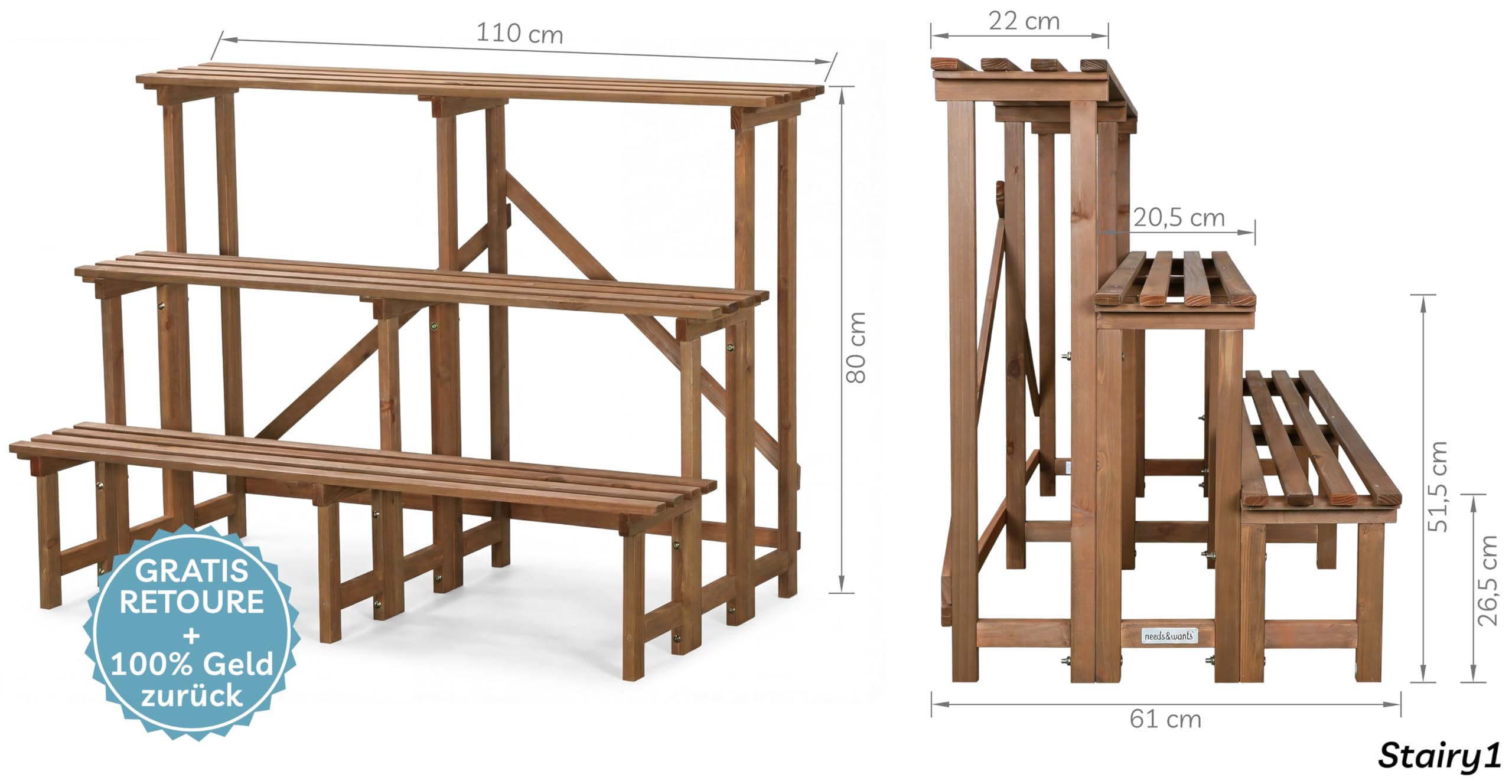 needs&wants® Grand escalier à fleurs avec 3 niveaux - Support pour plantes - Étagère à fleurs XL - En bois résistant aux intempéries - Pour extérieur, intérieur, balcon, jardin, extérieur, intérieur