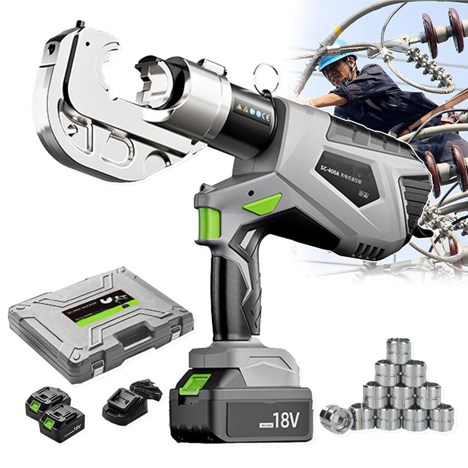 18V Electric Hydraulic Crimping Tool - 16 to 400mm² Cable Lug Crimper for Copper and Aluminum Terminals - 330 Degree Rotation - Digital Display and LED Lighting Kit(16~400mm²)