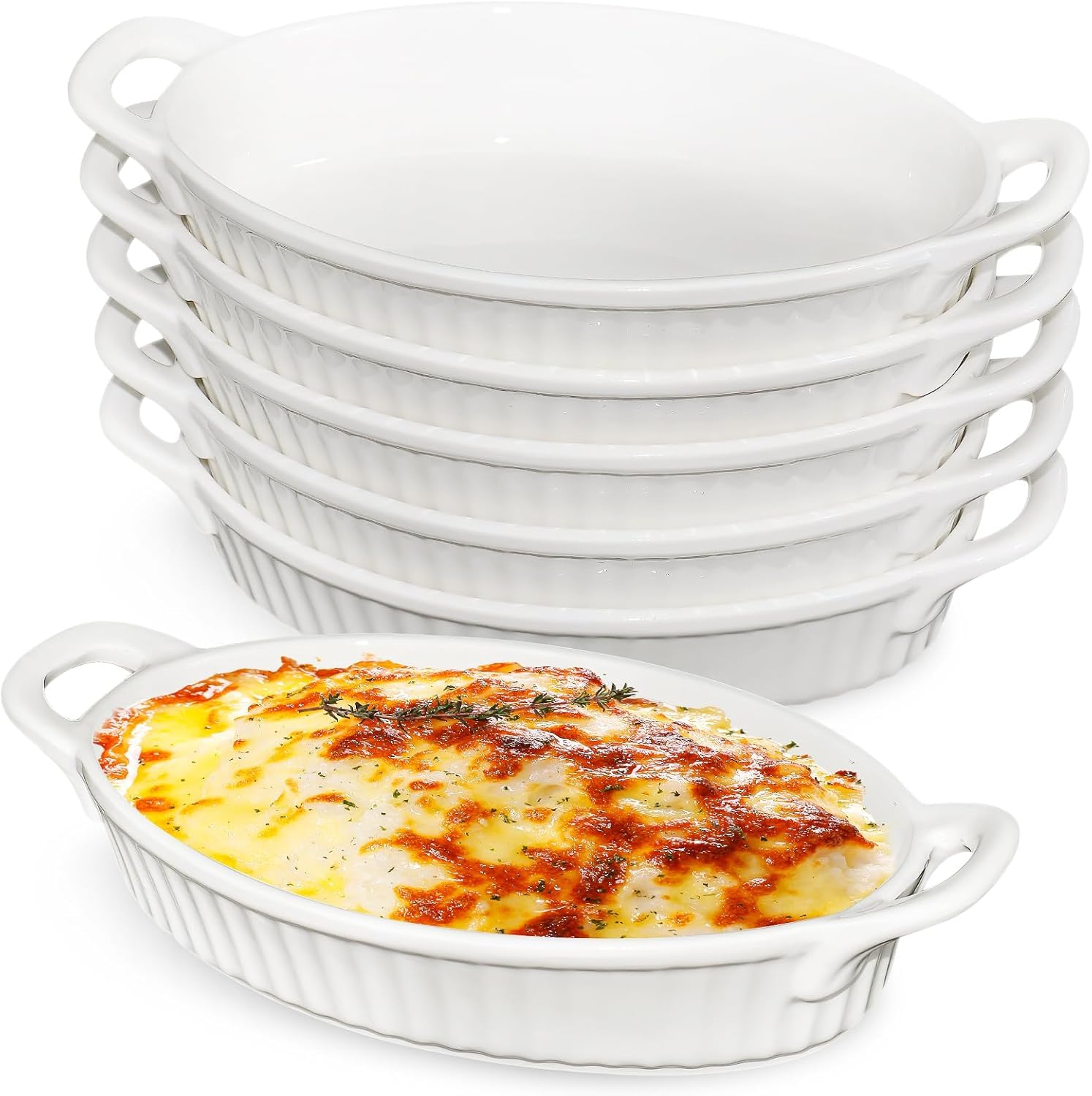 Lot de 6 Plats à Four Ovales en Céramique, 24 cm, Petits Plats à Lasagnes avec Poignées, Plat en Porcelaine Résistant à la Chaleur pour Gratin, Tapas, Hachis Parmentier et Rôtis, Blanc