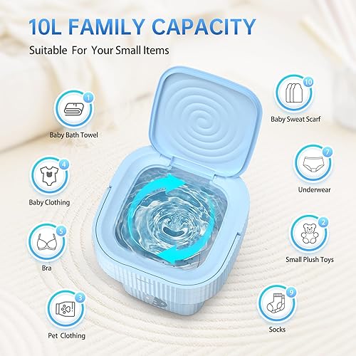 Miniatura 3 de Lavadora portátil, mini lavadora de alta capacidad de 10 litros con 3 modos de limpieza de tiempo, pequeño cubo de lavandería plegable para