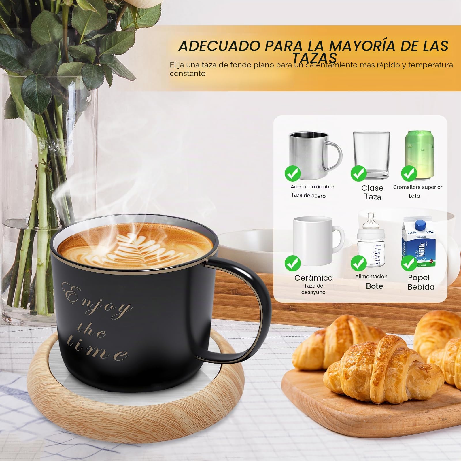 UniM - Calentador de taza por USB, para bebidas, café, tetera y uso doméstico (grano de madera oscura) amarillo
