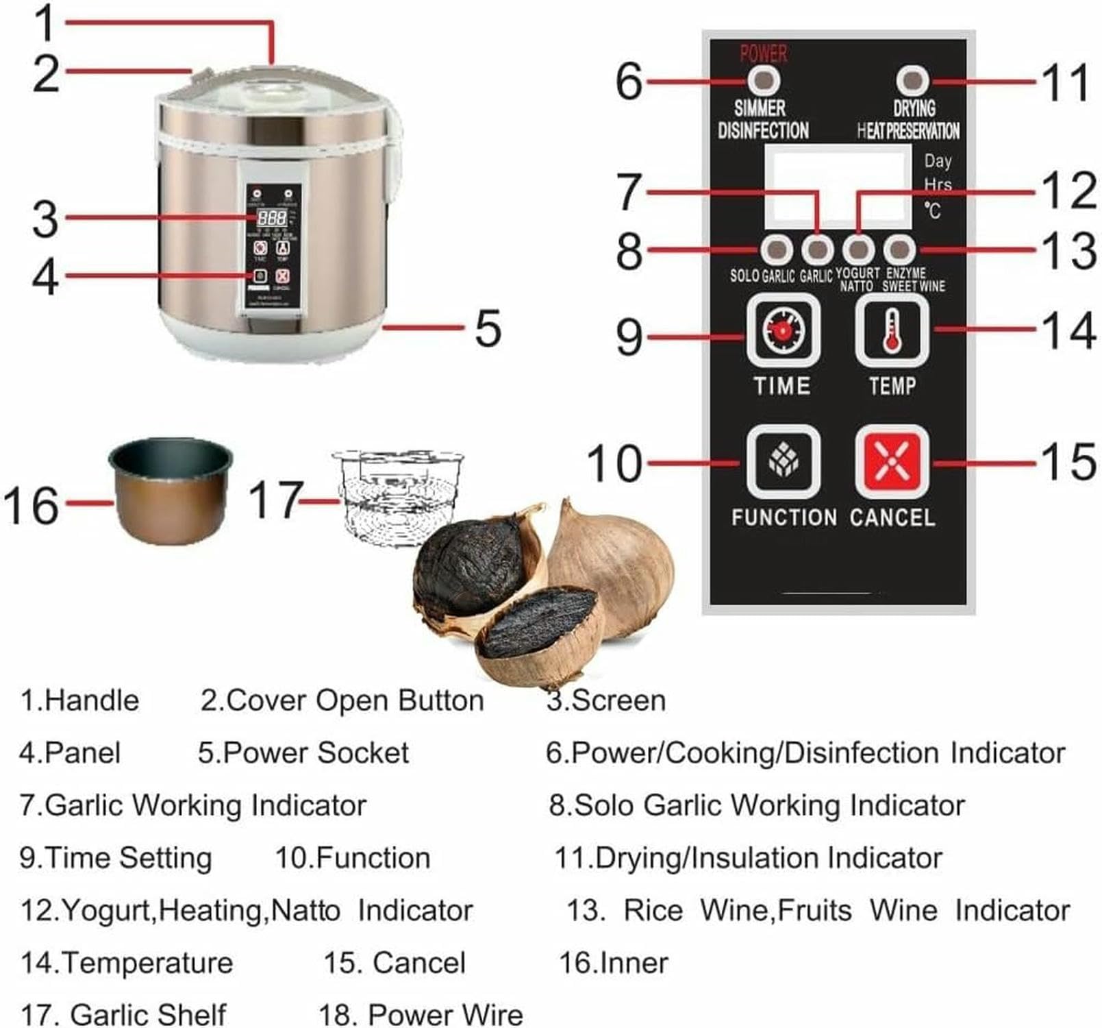 Fermentator Do Czarnego Czosnku, Wielofunkcyjny Inteligentny Fermentor, Automatyczny Ekspres Do Czarnego Czosnku, Kuchenka DIY Do Jogurtu, Natto, Słodkiego Ryżu, Z Półką Ze Stali Nierdzewnej (6 L)