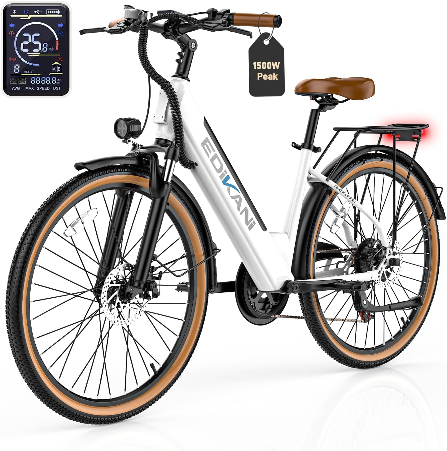 EDIKANI Electric Bike for Adults 70 Miles 1500W Peak 25MPH 26" Ebike for Women with 48V 499WH Removable Battery Step-Through Electric Bicycle for Commuter