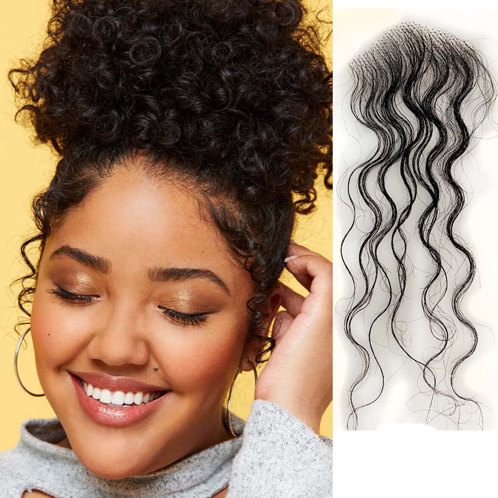 2pcs HD Lace Baby Hair Edges Strips V Shape Reusable Wave Swiss Lace Baby Hair Edges Virgin Human Hair Invisible Hairline Instant Baby Hair for Women Natural Black