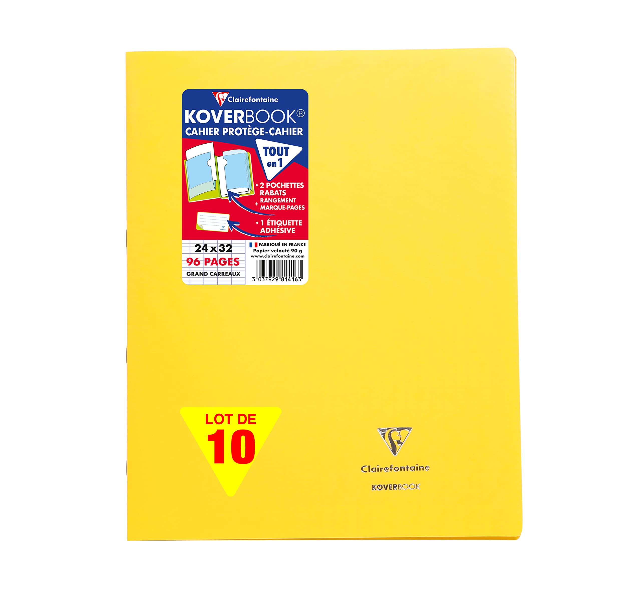 Clairefontaine 981416Cpack Un Lot de 10 Cahiers Agrafés Koverbook Jaunes - 24x32 cm - 96 Pages Grands Carreaux - Papier Blanc 90 g - Couverture Opaque Polypro Recyclé