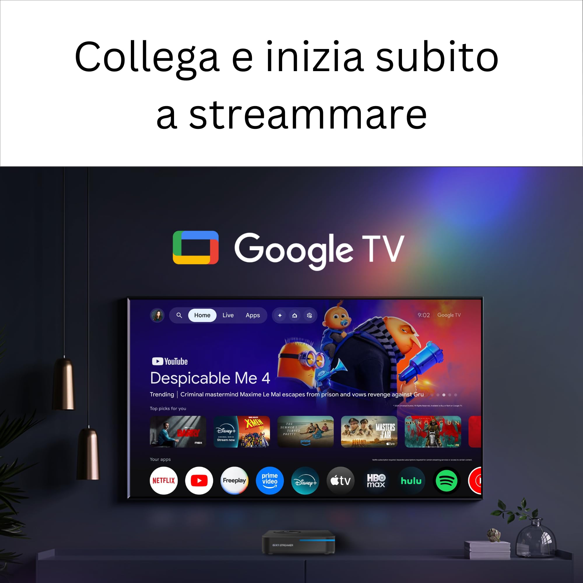 GX1 Box TV 4K - Google TV 14 [4GB RAM, 32GB ROM] Lettore Multimediale Smart TV, Supporta Netflix & Prime in 4K, AI-Upscaling, HDR10+, WiFi 6, LAN