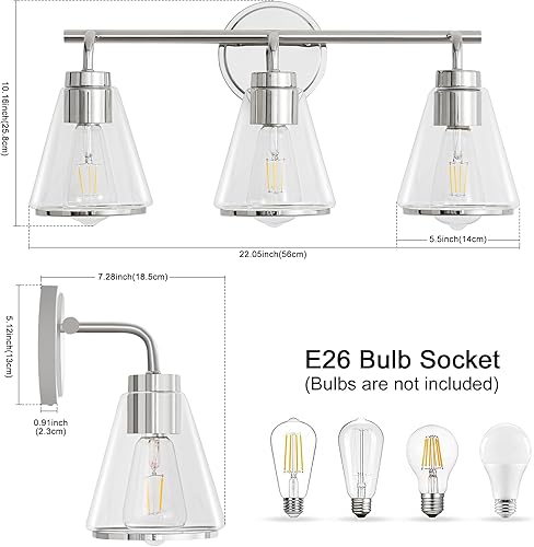 Miniatura 5 de Lámpara de tocador de baño  3 luces sobre espejo con pantalla de vidrio transparente, aplique de pared moderno de 22 pulgadas, níquel pulido