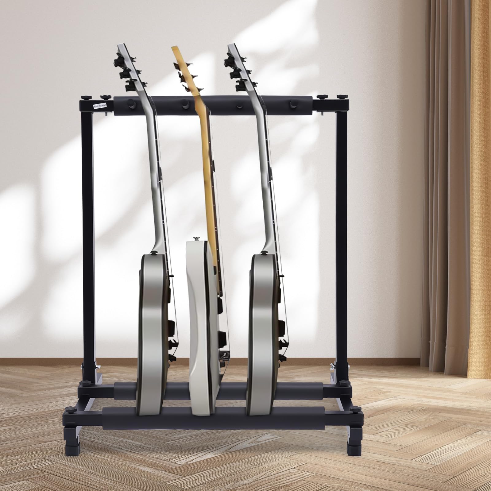 Supporto per chitarra a 3 teste con ruote supporto multi-chitarra rimovibile e regolabile per l'archiviazione e la presentazione adatto per la casa negozio di strumenti musicali (nero)