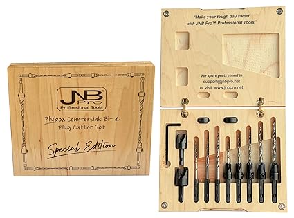 JNB Pro Plybox Special Edition Wood Countersink Drill Bit Set & Plug Cutters Set - 5 Pc Adjustable Countersink Bit #6, #8, #10, #12, #14 - 3 Extra Tapered Drill Bits #6, #8, #10 - 2 Wood Plug or Dowel Cutters 3/8