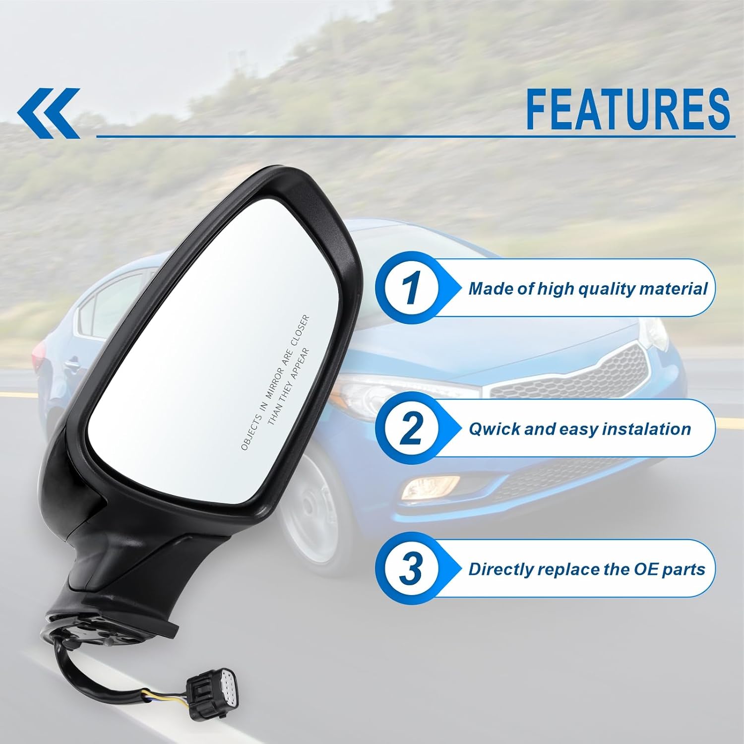 Right Passenger Side Mirror Compatible with 2014 2015 2016 Kia Forte with Manual Folding power glass Heated With Turn signal Black Replace# KI1321182(6 Pins)