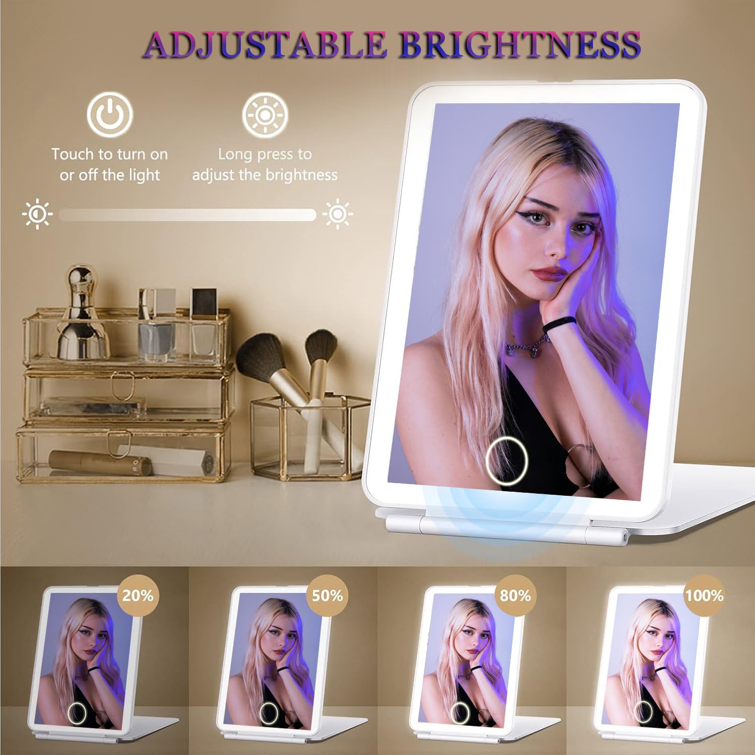 Espejo de maquillaje, tocador con luces, aumento de 10X, espejo de viaje plegable iluminado recargable, espejo iluminado, maquillaje de 72 luces LED, regalo para mujeres (blanco)