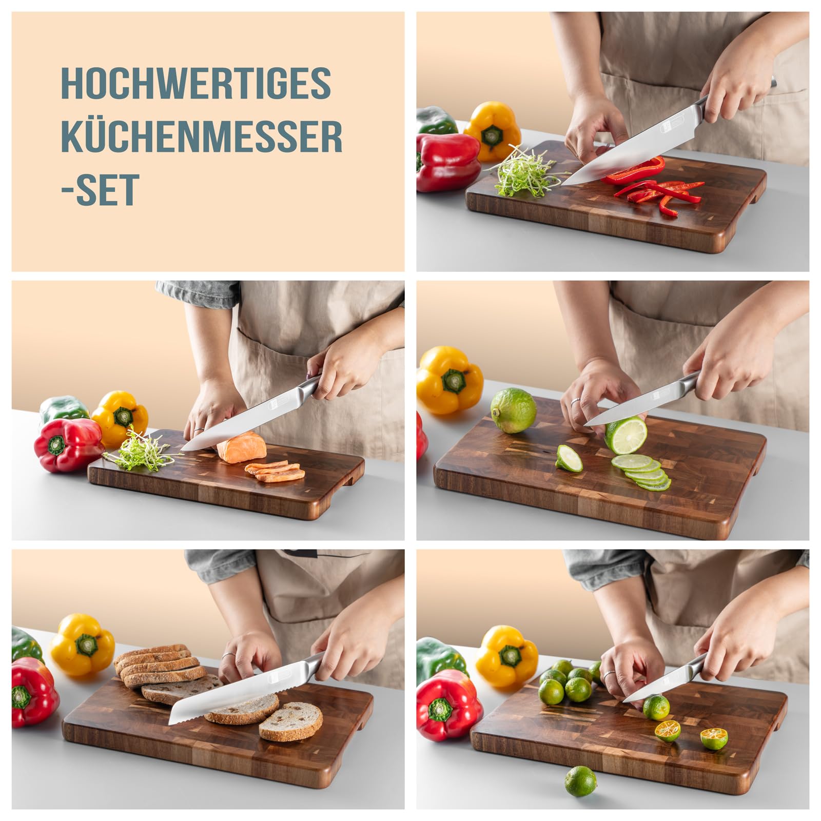 Messer Set, 6 Stück Küchenmesser Set mit Holzblock Super Scharfe Edelstahl Messersets für Küche mit Block