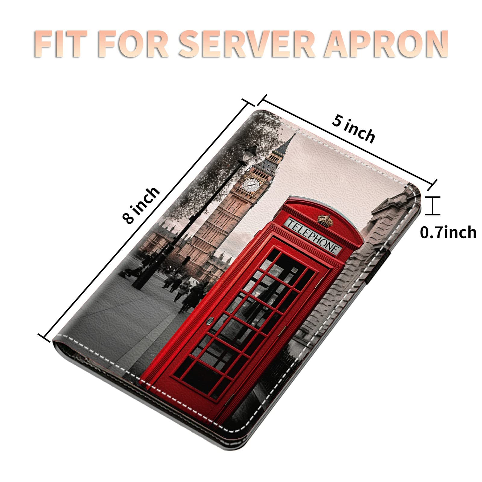 Server Books for Waitress Waiter with Zipper Pocket, Red Telephone Box in London Leather Server Pads Waitstaff Organizer Guest Check Presenters Server Wallet Money Holder Pouch Fit Apron