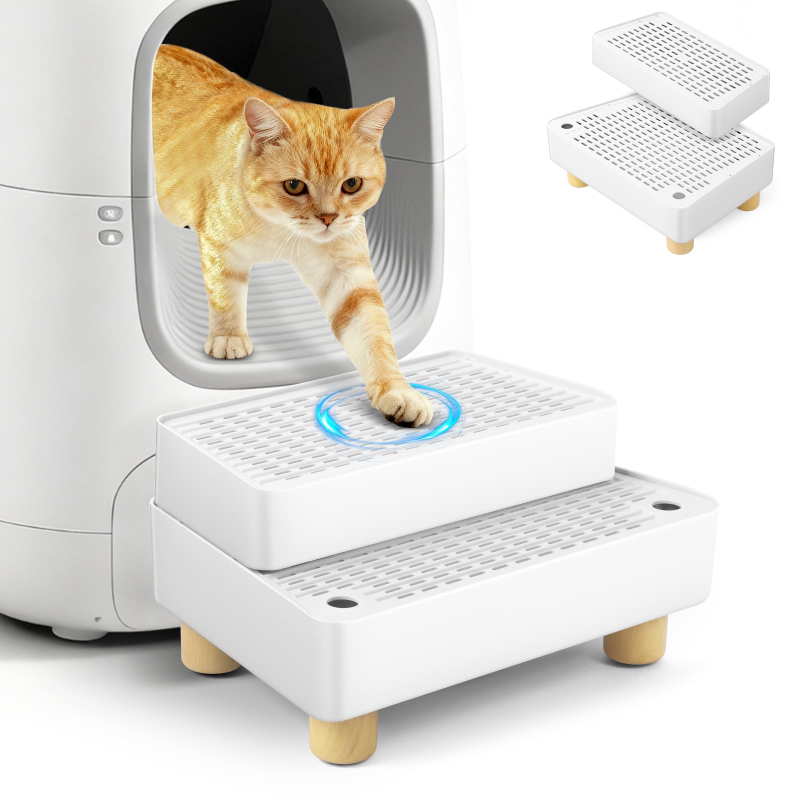 Grande rampa per lettiera a 2 gradini, regolabile con piedini in legno, funzione filtro, scala per animali domestici per gattini e gatti anziani, lettiera automatica per gatti (bianco)