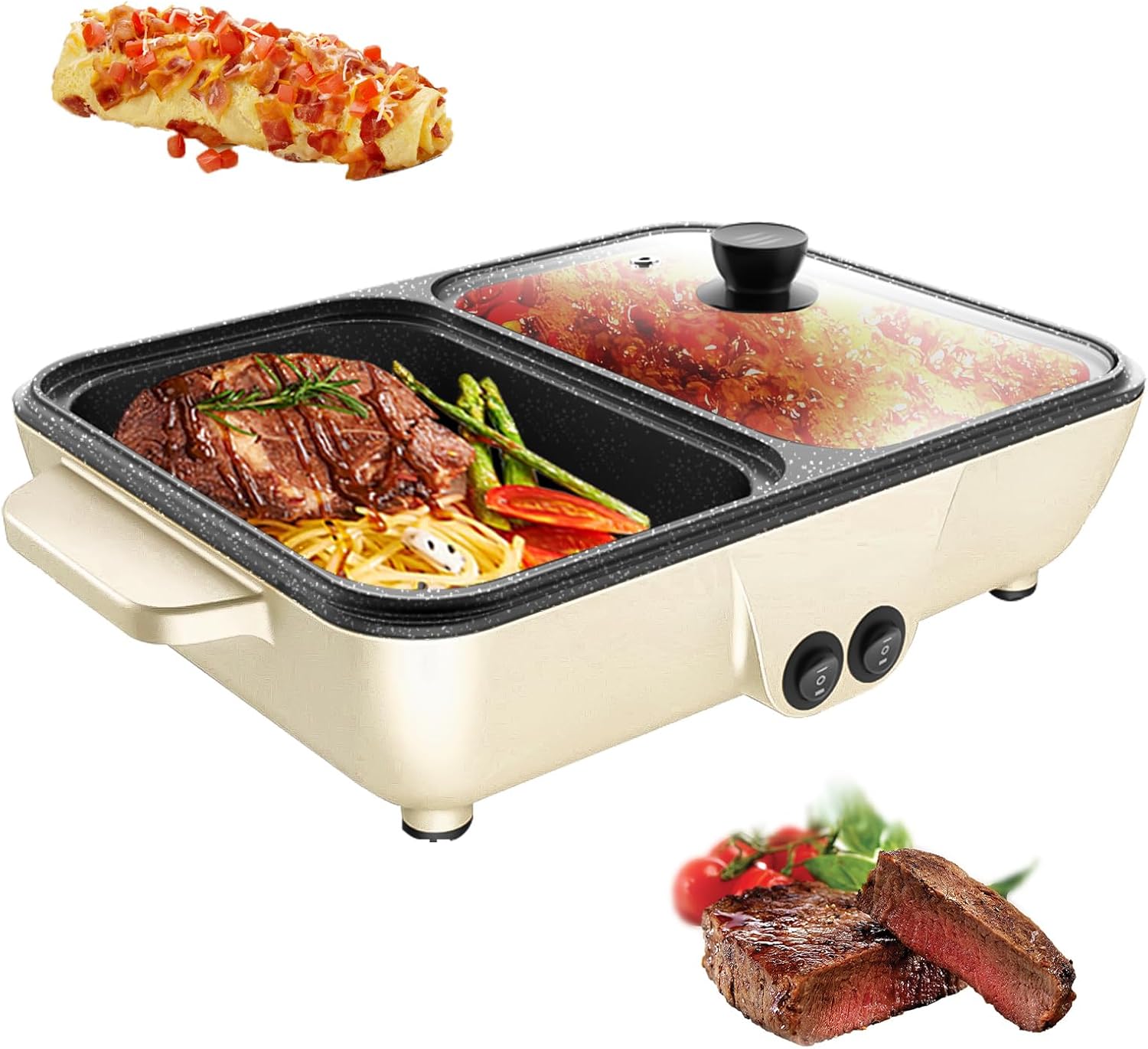 2-in-1 Electric Hot Pot and Grill Combo - Dual Temperature Control, Non-Stick, Fast Heating - 1200W Pink Indoor Cooking Appliance for BBQ, Steaks, Noodles & More - Suitable for Up to 4 People