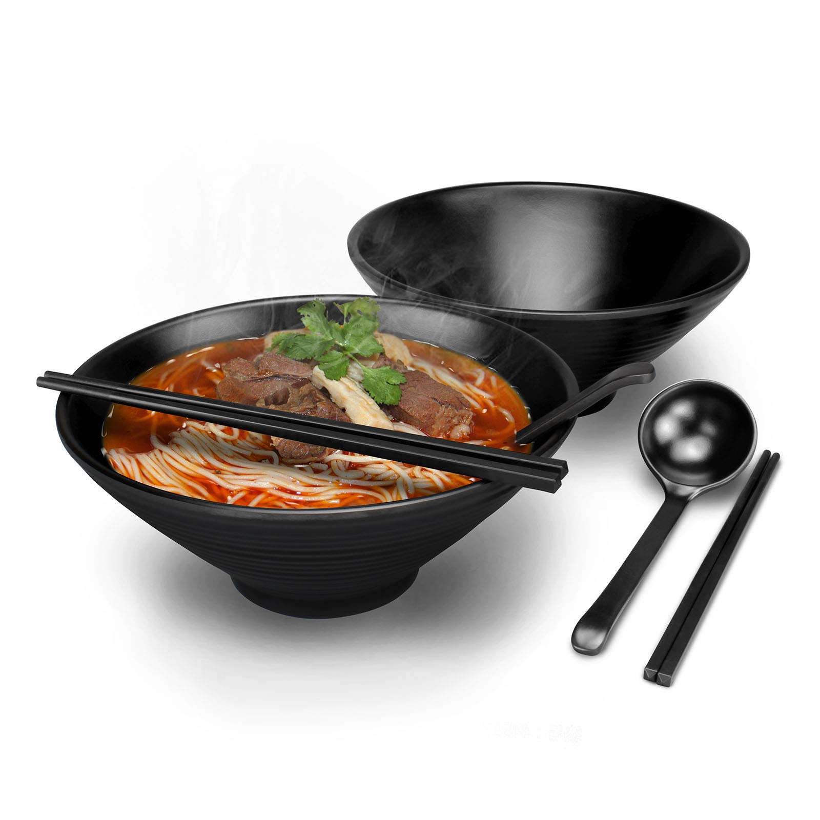 2 Sets 1200 ml Large Japanese Ramen Noodle Soup Bowl with Matching Spoon and Chopsticks Ramen Bowls Melamine Hard Plastic Dishware Set for Udon Soba Pho Asian Noodles Cereals