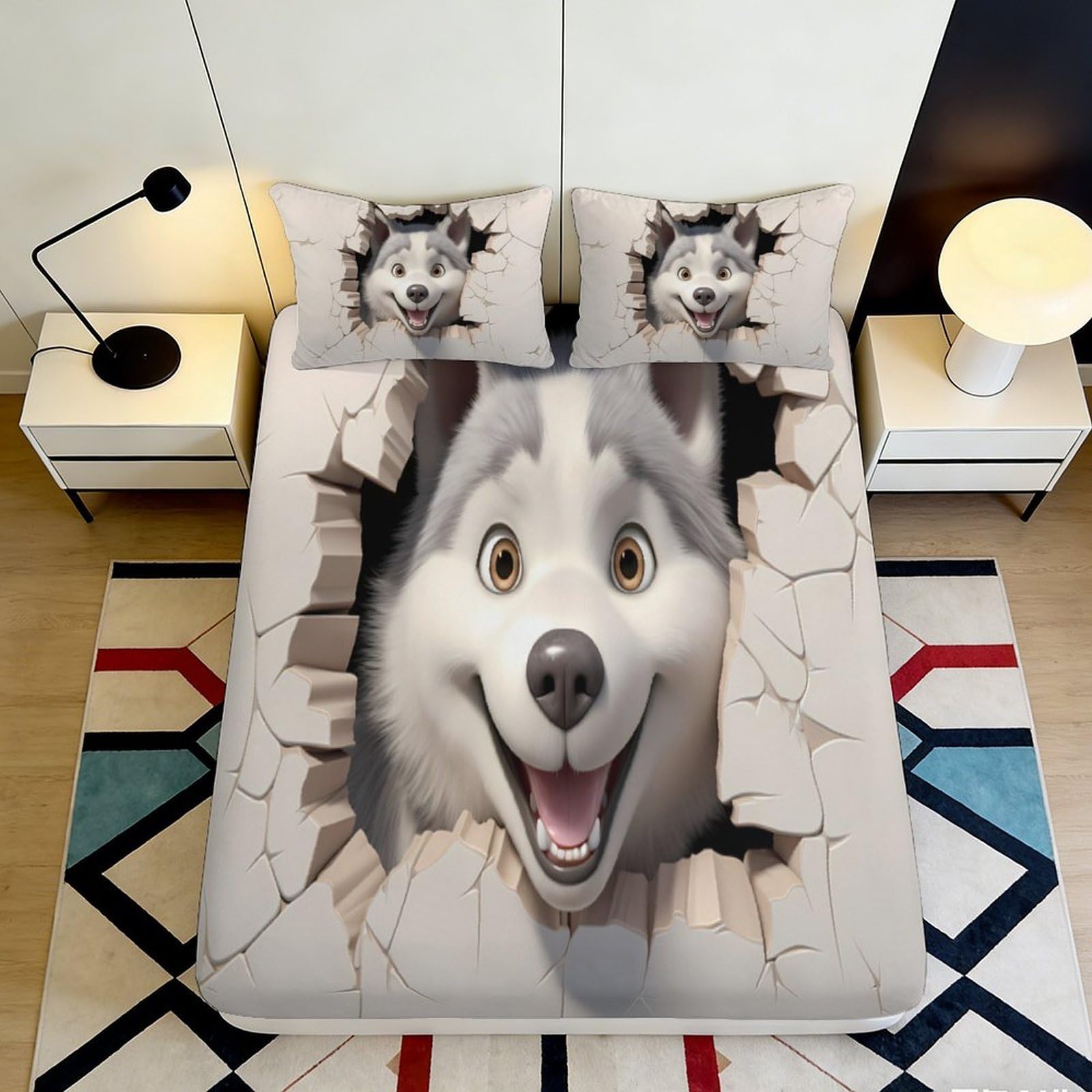 3D Printed Husky Break Wall Fitted Sheet Microfiber Deep Pocket for Bedroom Bedding Husky Mattress Fitted Cover Washable for Adult 200x200x25cm