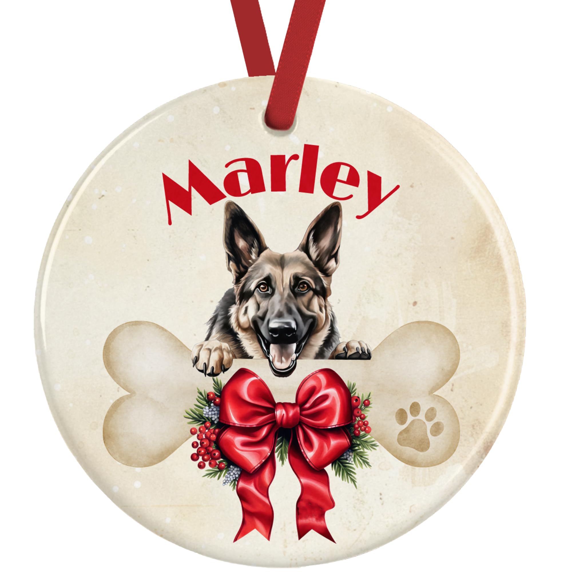 German Shepherd Christmas Ornament – Personalised Dog Decoration – Custom Ceramic Bauble with Name & Gift Box, UK Made