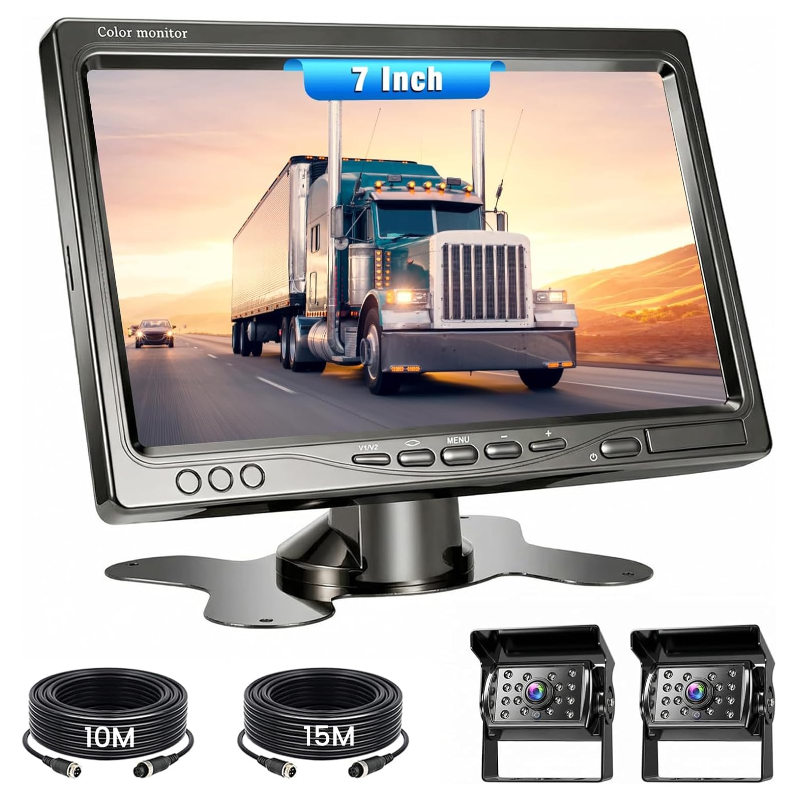 Kit Telecamera di Retromarcia con Monitor da 7" per Veicoli, 2 Telecamere di Retromarcia, Impermeabile IP68, Visione Notturna a 18 IR, Cavo di Assistenza al Parcheggio per Rimorchi/Autobus/Furgoni