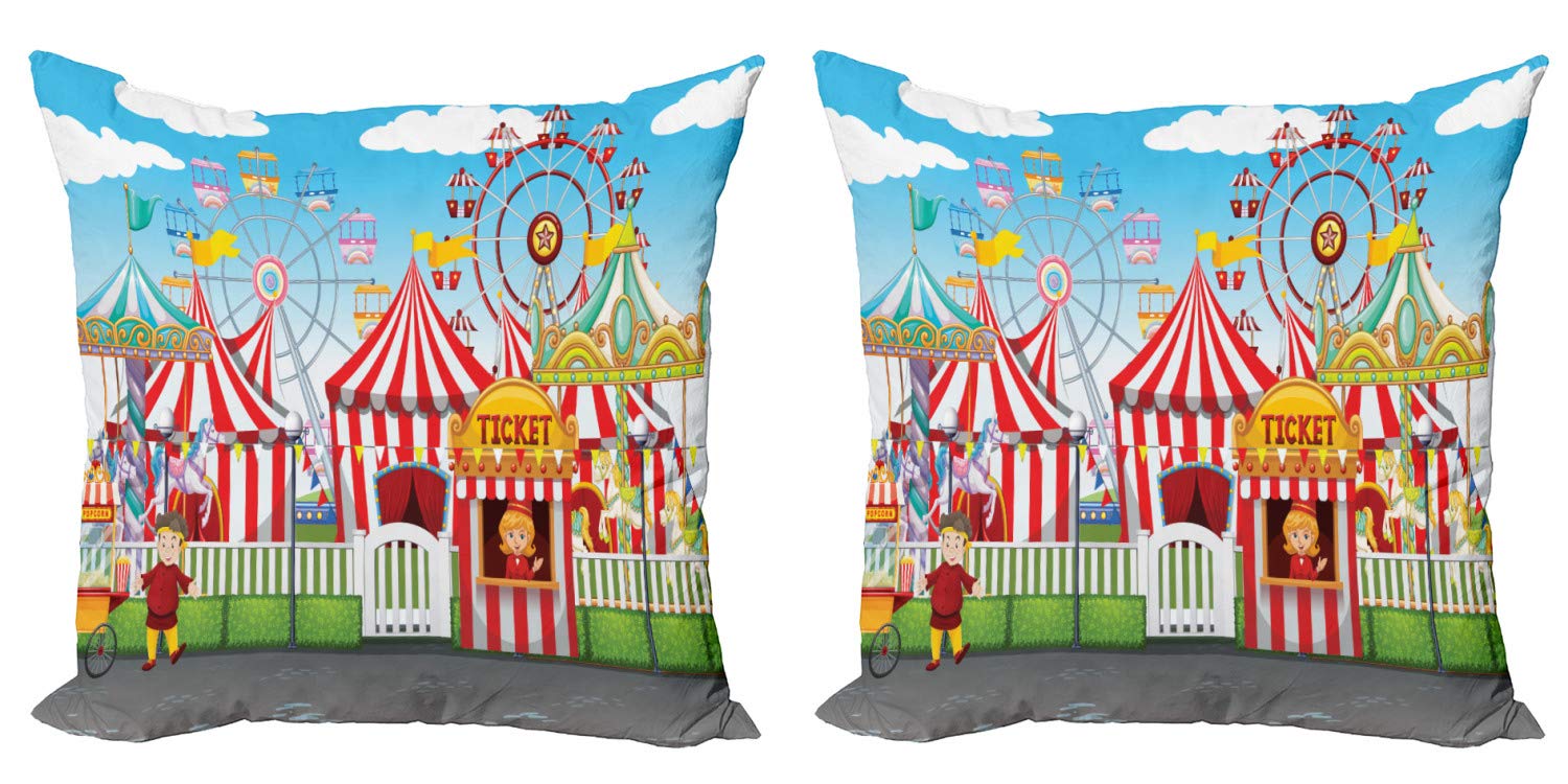 ABAKUHAUS Circo Federe Cuscini Set di 2, Nostalgic Circo Flag, Stampa Digitale Fronte-Retro con Accento Moderno, 60 cm x 60 cm, Rosso Bianco