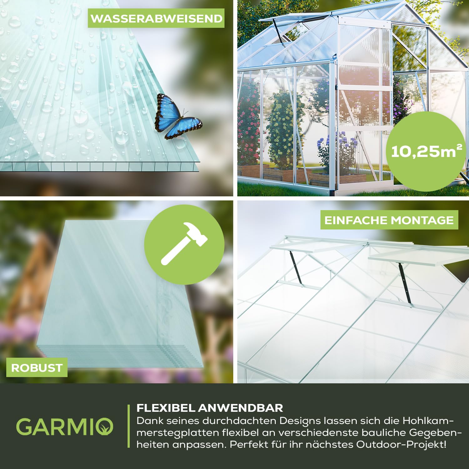 GARMIO® 14x ACRI Hohlkammerstegplatten Gewächshausplatten 4mm 10,25 m² Doppelstegplatte 121x60,5 cm, UV-beständig