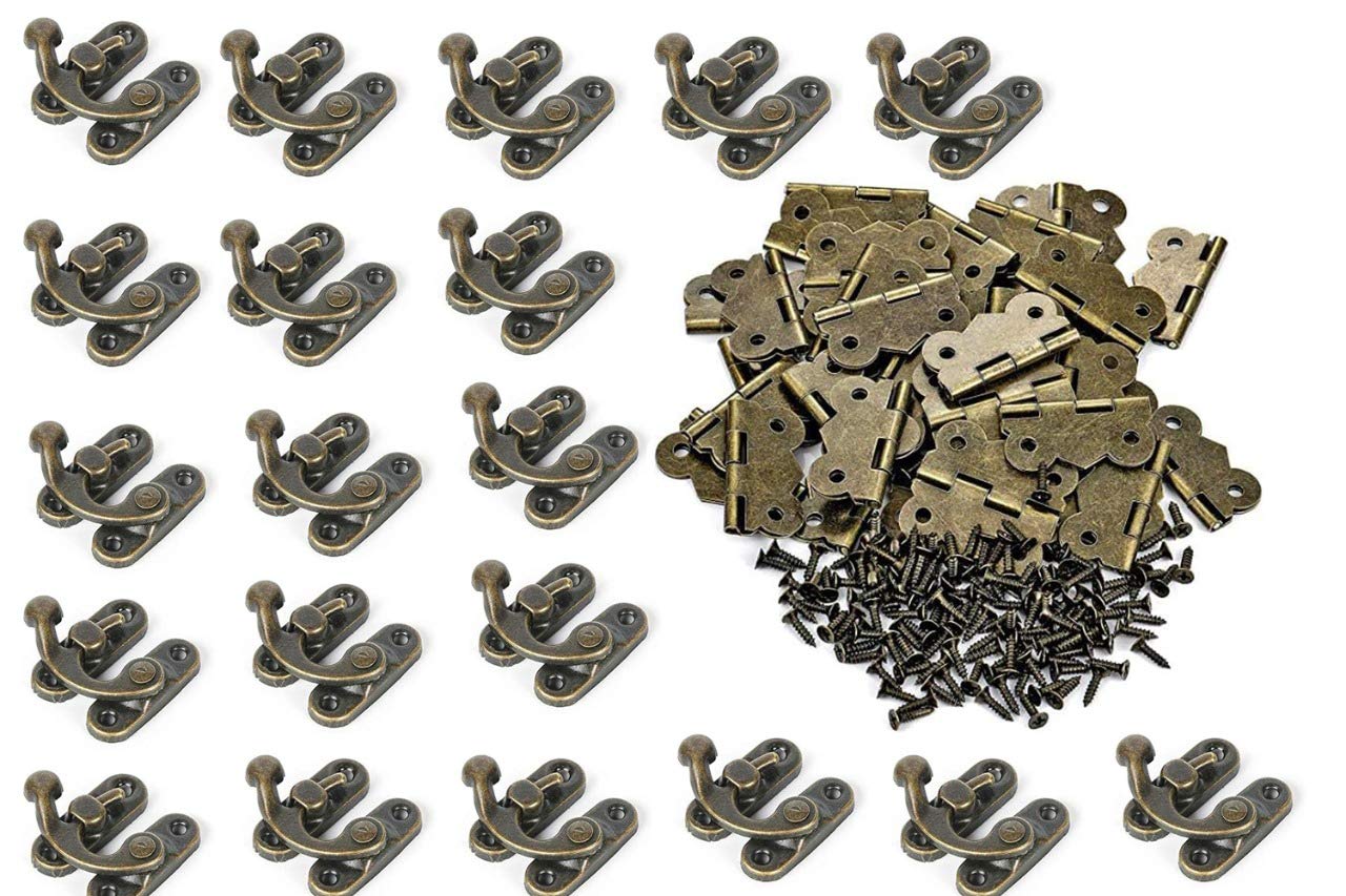 Hawk Eye Metal Antique Colour C Lock/Buckle/Latch/Hook/Swing Clasp and Hinge with Screws for Wood Jewellery and Small DIY Works (Set of 20 Locks and 20 Hinges with Screws)