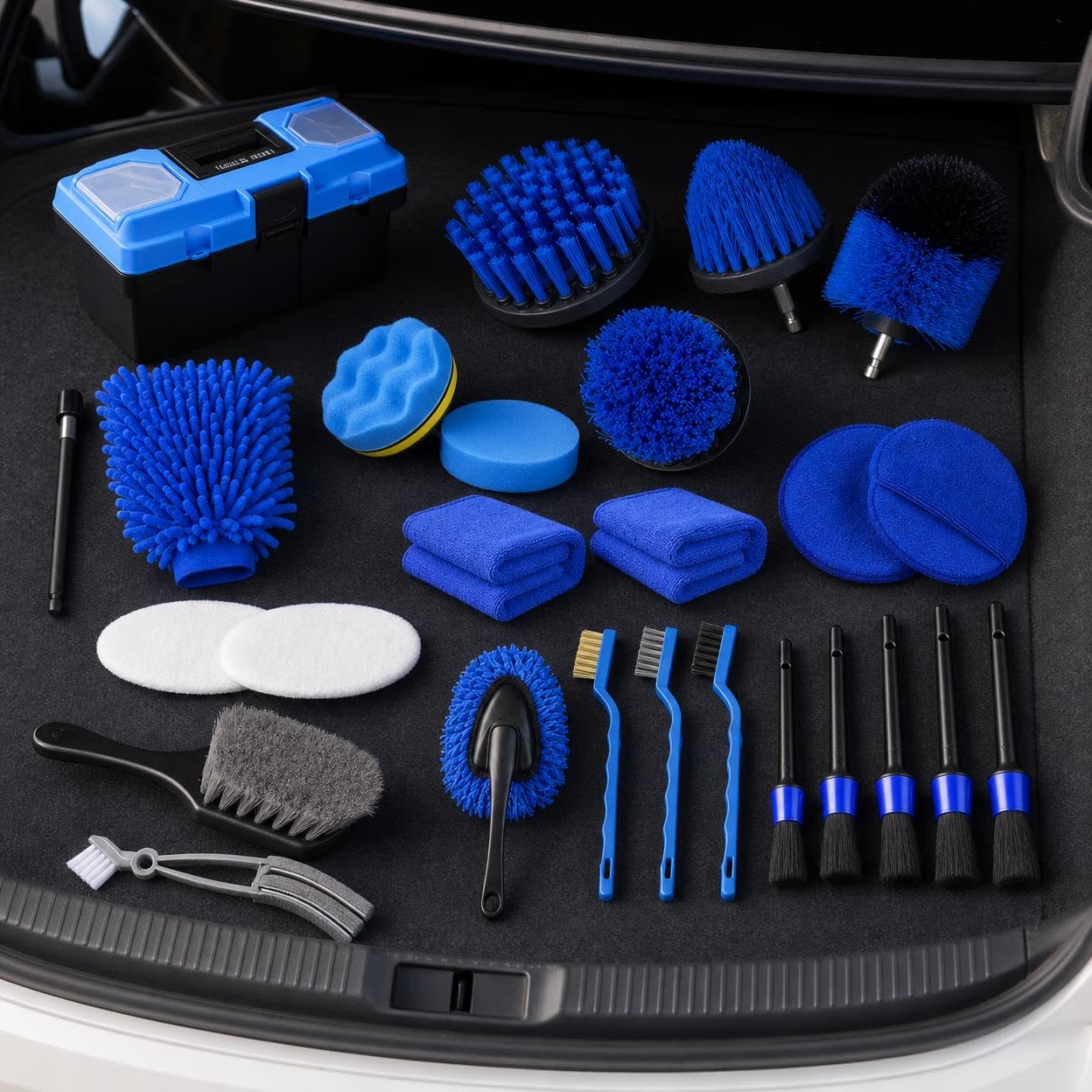 Auto Reinigungsset 27-teilig, Autowaschbürste & Detailbürste für Felgen und Innenraum, Autopflege Set mit Polierpad, azurfarben