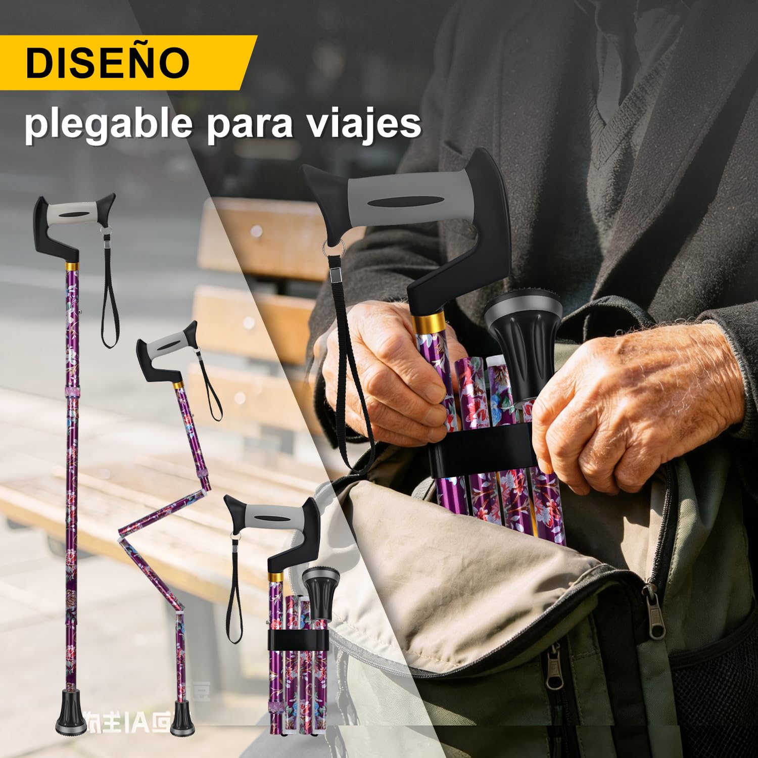 supregear Bastón para Caminar – Bastón Ajustable y Colapsable Compacto Plegable, Unisex, Punta Resistente Todo Terreno y Mango en T Ergonómico Suave para Personas Mayores y Adultos