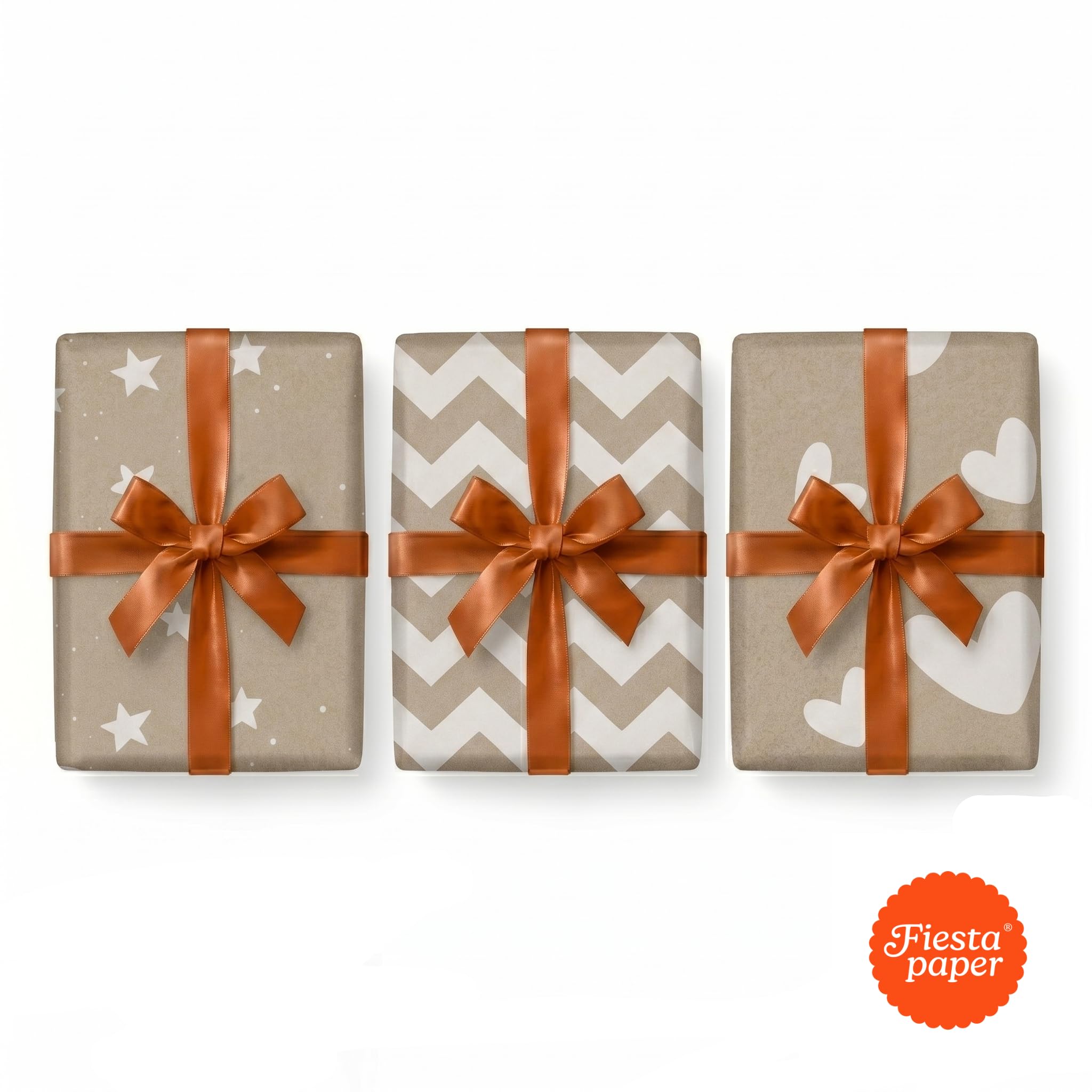 Confezione da 3 rotoli carta regalo 0,5 x 3 m • KRAFT STAMPA VARIATA - Con etichette • Ideale per: Negozi Business Commercio Avvolgere regali Compleanno Baby Shower Matrimoni Decorazione [FP Fiesta