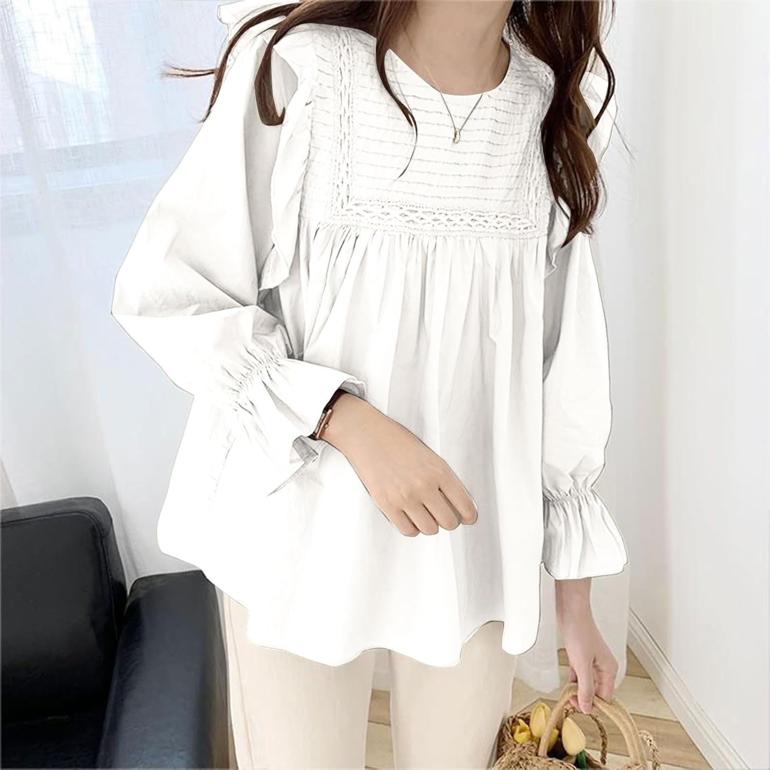 Balloon Sleeve Tunic Shirt Women Long Sleeve Wide Neck Shirt