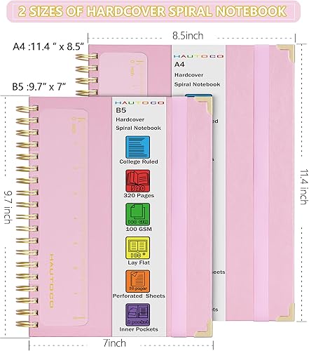 Miniatura 2 de HAUTOCO Cuaderno de espiral, cuadernos de tapa dura rosa B5, cuaderno de rayas universitarias con 320 páginas, papel de 3.53 ozm, 7 x 9.7 pulgadas,