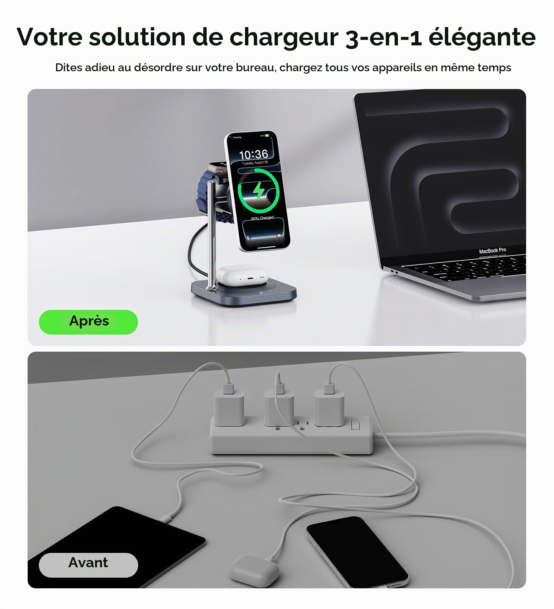 Station de charge Qi2.2 chargeur magnétique 3 en 1 25W avec ventilateur de refroidissement actif, chargeur sans fil magnétique pour iPhone 17/16/15/14/13/12, Apple Watch, AirPods (avec adaptateur 45W)