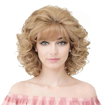 Short Blonde Wig with Hair Bangs Womens Curly Wavy Heat Resistant Synthetic Blonde Hair Wigs for Women