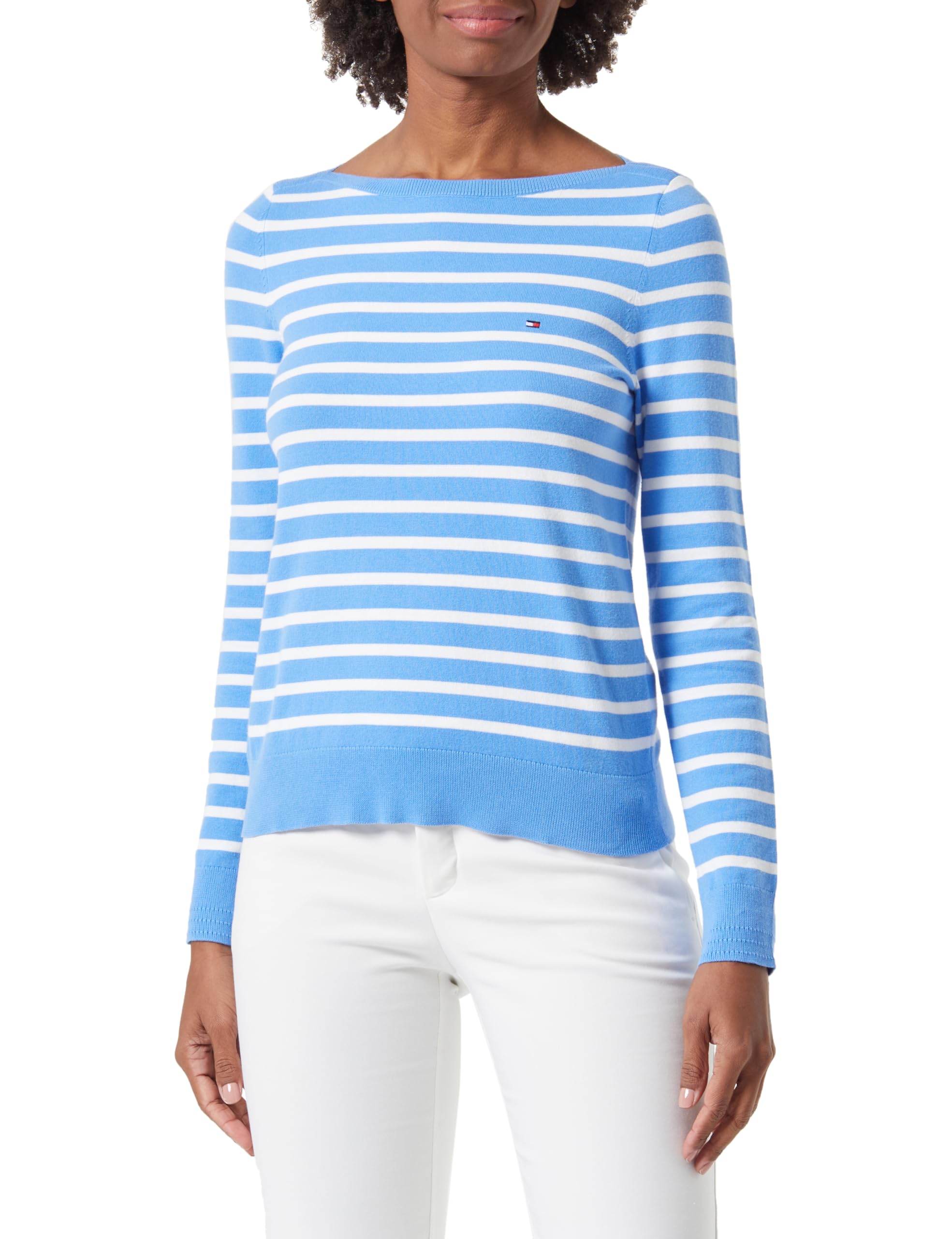Tommy Hilfiger Women's CO Jersey Stitch Boat-NK Sweater Blue Spell/Ecru STP XS