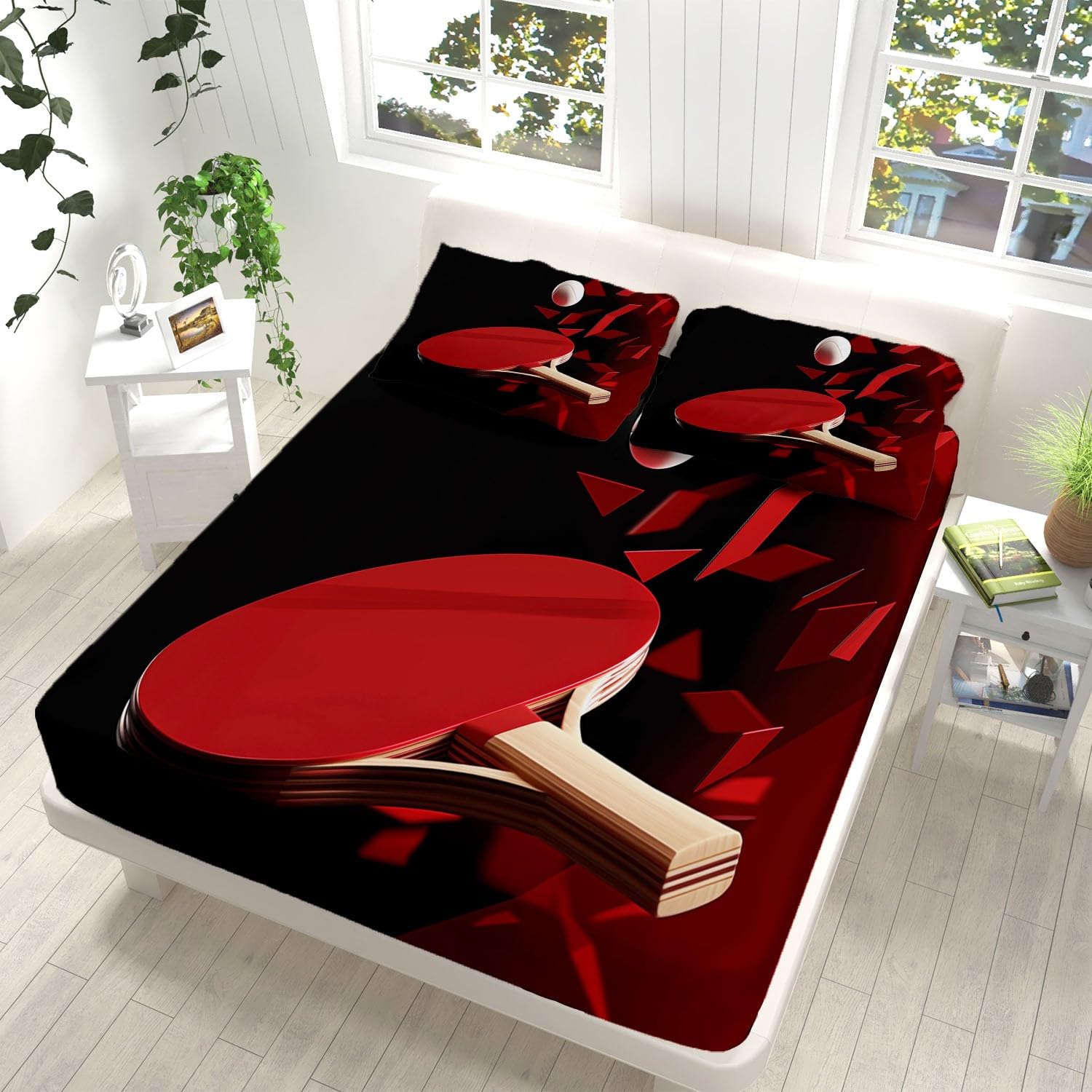 Red Fitted Sheet Twin 4 Pcs Bed Sheets Set Table Tennis Print Deep Pocket Fitted Sheets Soft Microfiber Bedding Sets (1 Fitted, 1 Flat, 2 Pillowcases) for Kids Girls Boys Teen Bedroom Decor